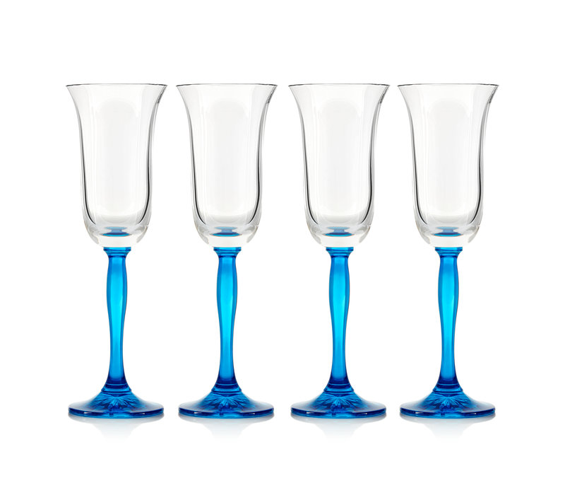 Blue Fluorescence Coloured Crystal Champagne Flutes, set of 4