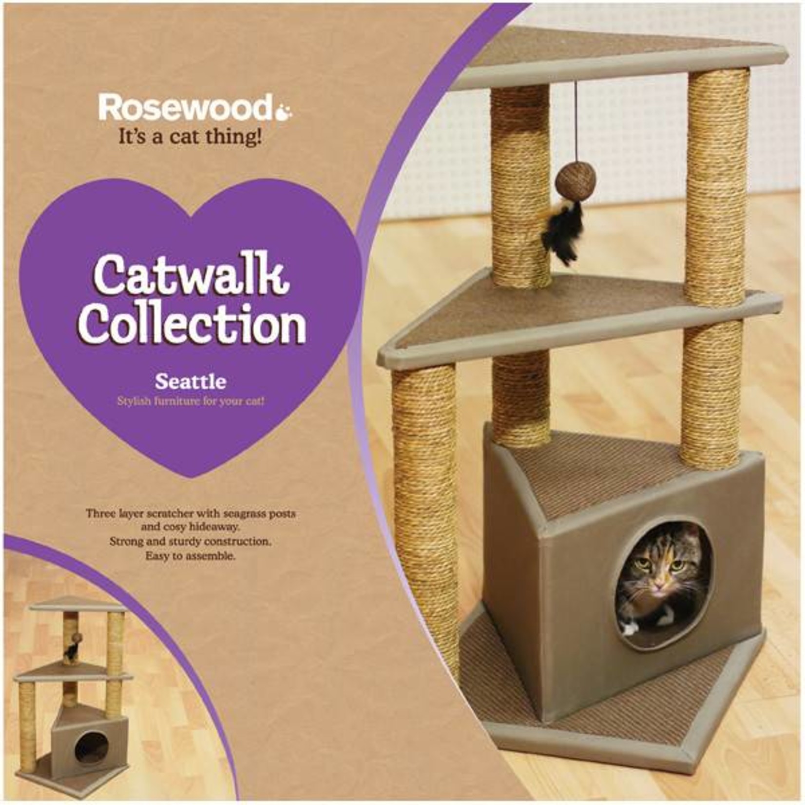 Rosewood Three Layer Cat Scratcher Post with Hideaway, Seattle
