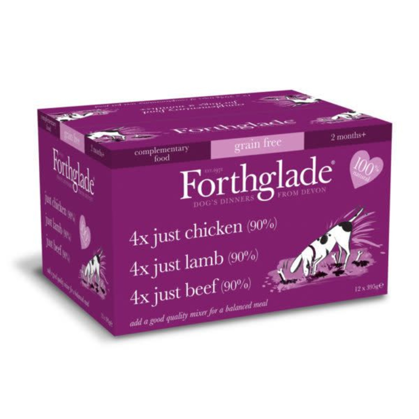 Forthglade Just Chicken, Lamb & Beef Grain Free 2 Months + Wet Dog Food, Multicase 12 x 395g