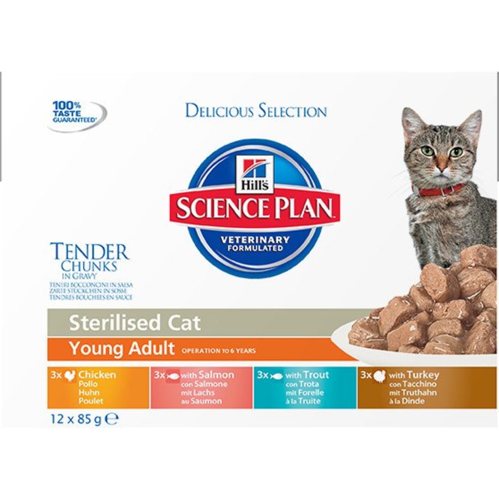 Hill's Science Plan Young Adult Sterilised Cat Wet Food Pouch, Multipack 12  x 85g - Pet Care By Post