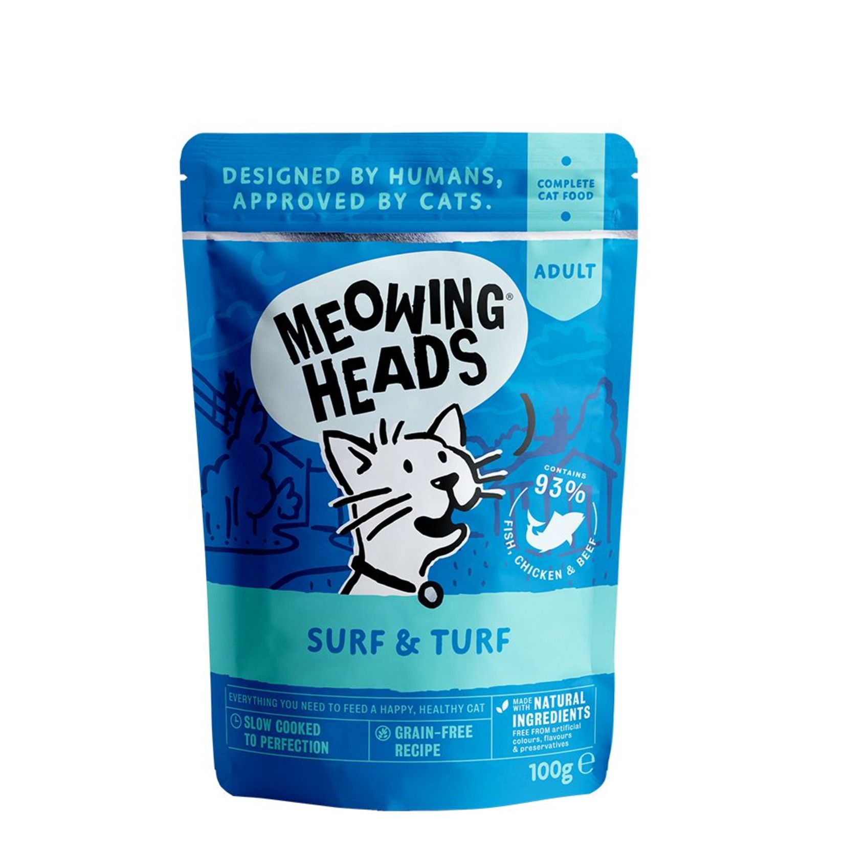 Meowing Heads Surf & Turf Fish, Chicken & Beef Adult Cat Wet Food, 100g