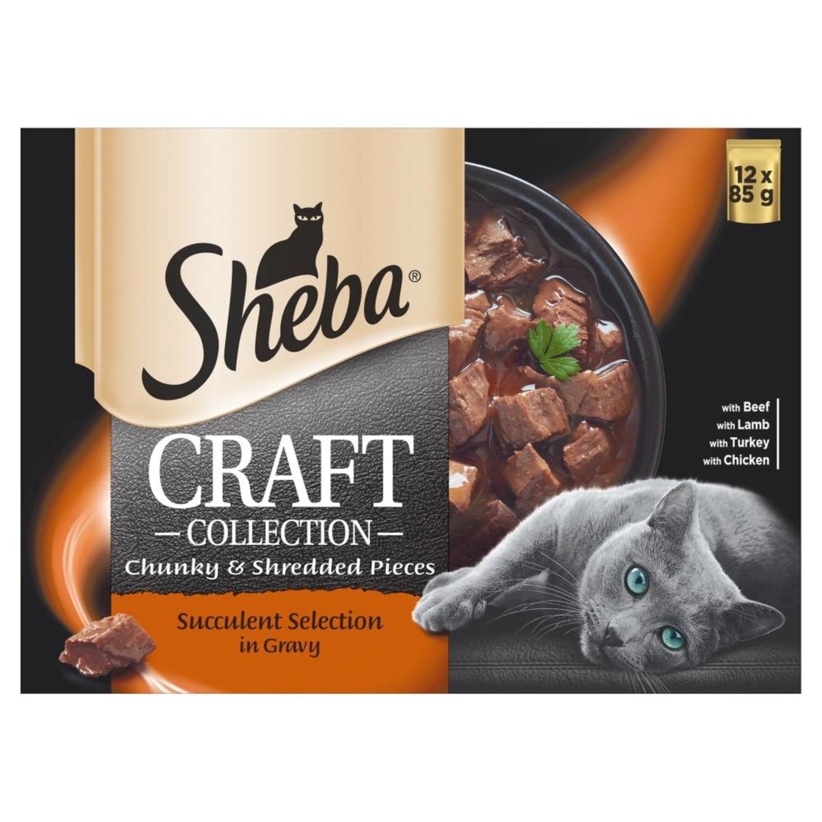 Sheba Craft Collection Chunky & Shredded Pieces Adult Cat Wet Food Pouch Succulent Selection in Gravy, 12 x 85g