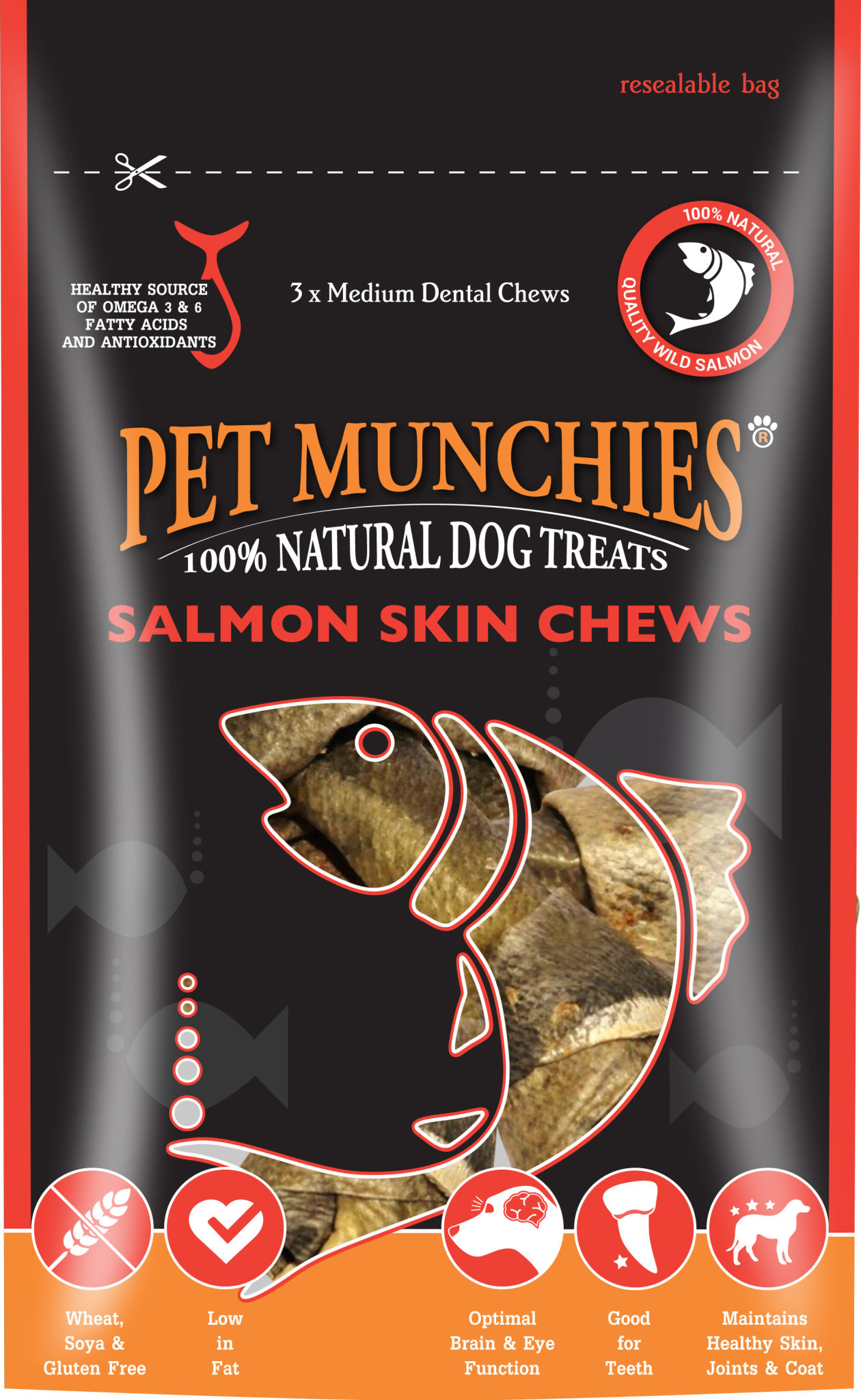 100 Natural Dog Treats, Salmon Skin Chews 90g Pet Care By Post
