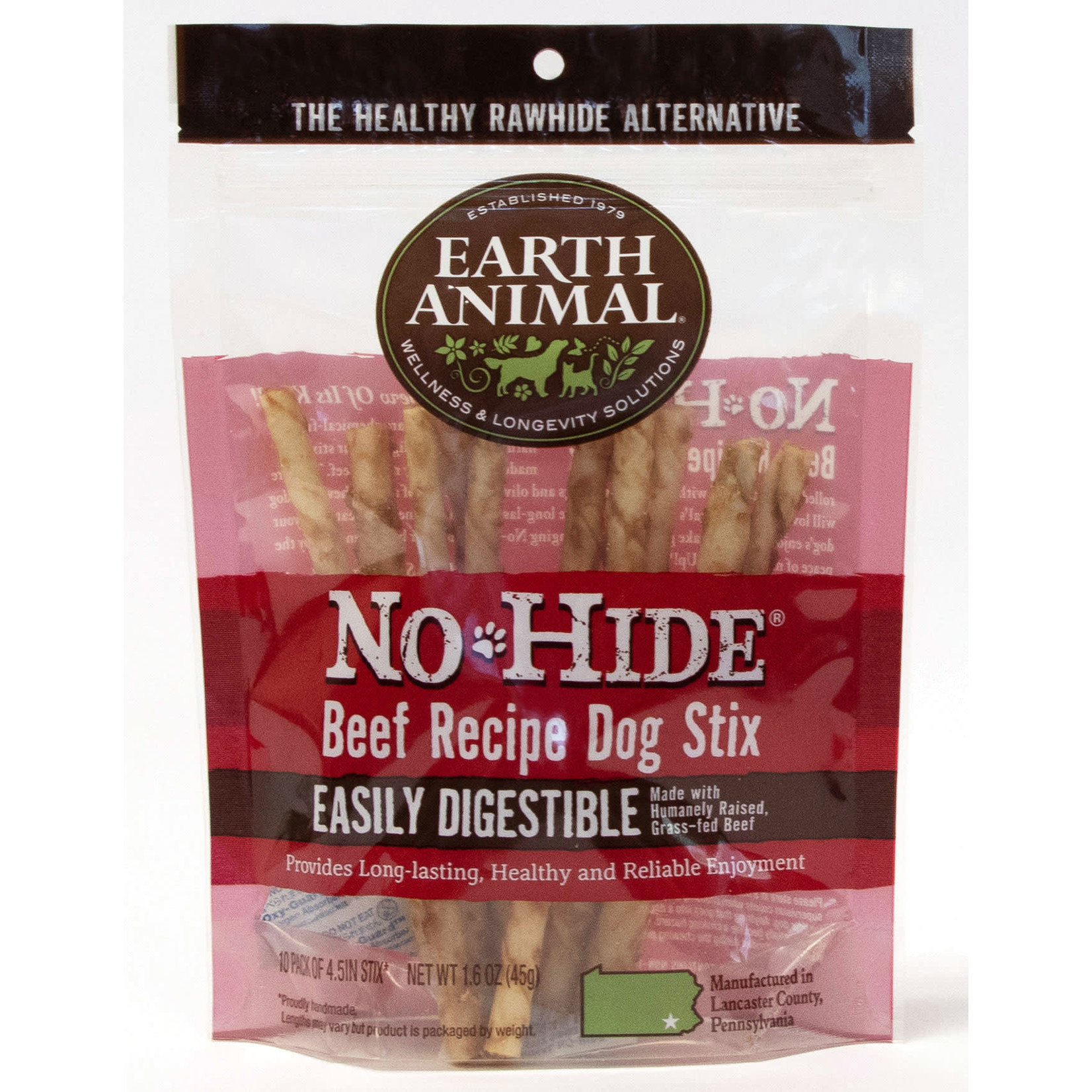 Earth Animal No Hide Beef Recipe Dog Stix Chew, 10 pack 45g