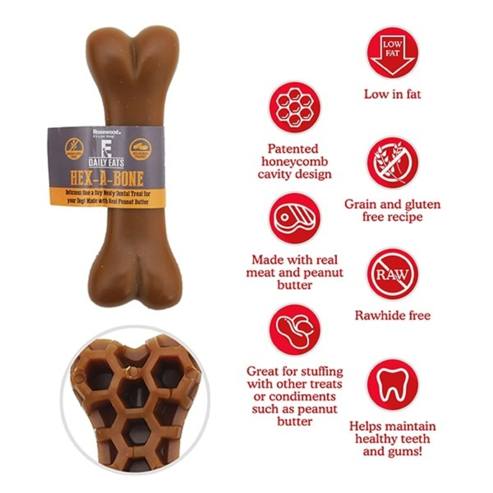 Rosewood Daily Eats Hex-A-Bone Dog Treats Peanut Butter Flavour, 54g