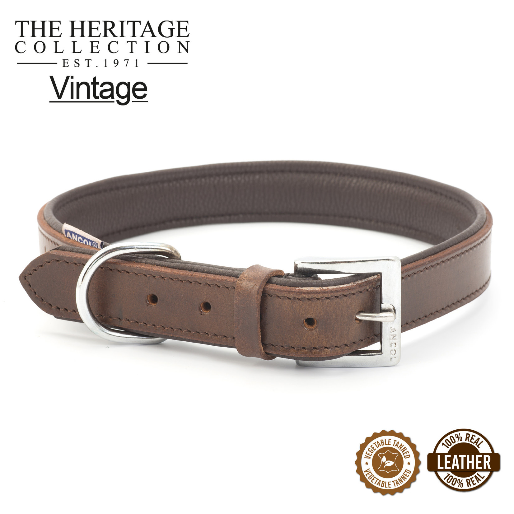 Ancol Heritage Vintage Padded Leather Dog Collar, Chestnut