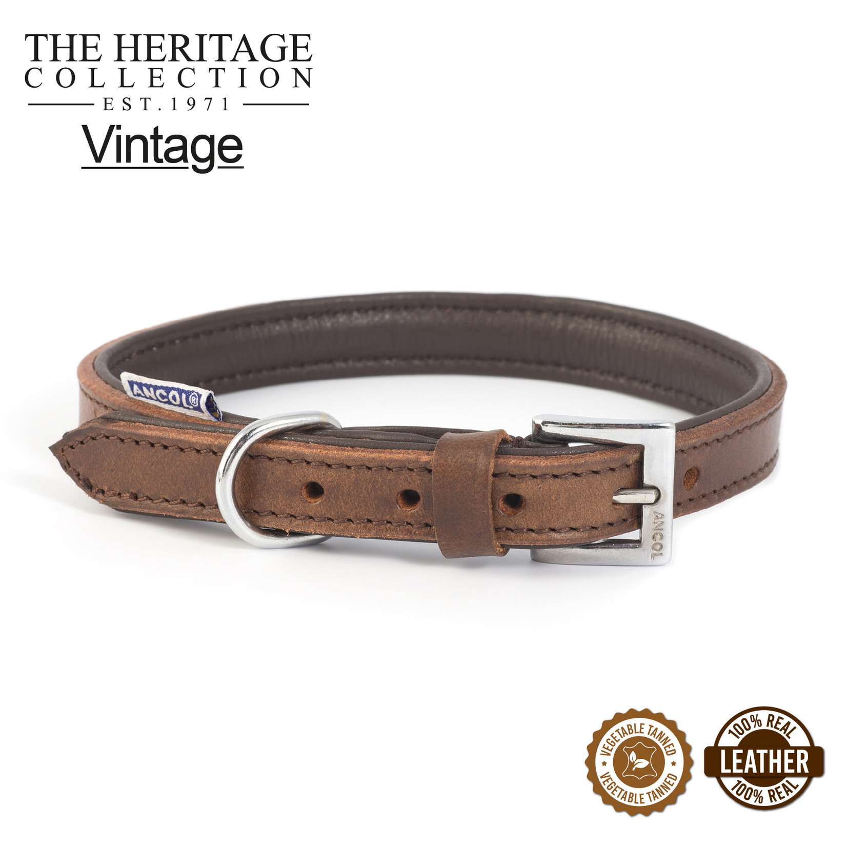 Ancol Heritage Vintage Padded Leather Dog Collar, Chestnut