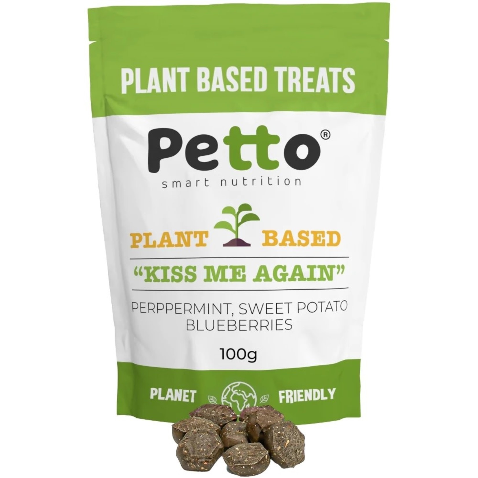 Petto "Kiss Me Again" Plant Based Dog Treats with Peppermint, Sweet Potato and Blueberries, 100g