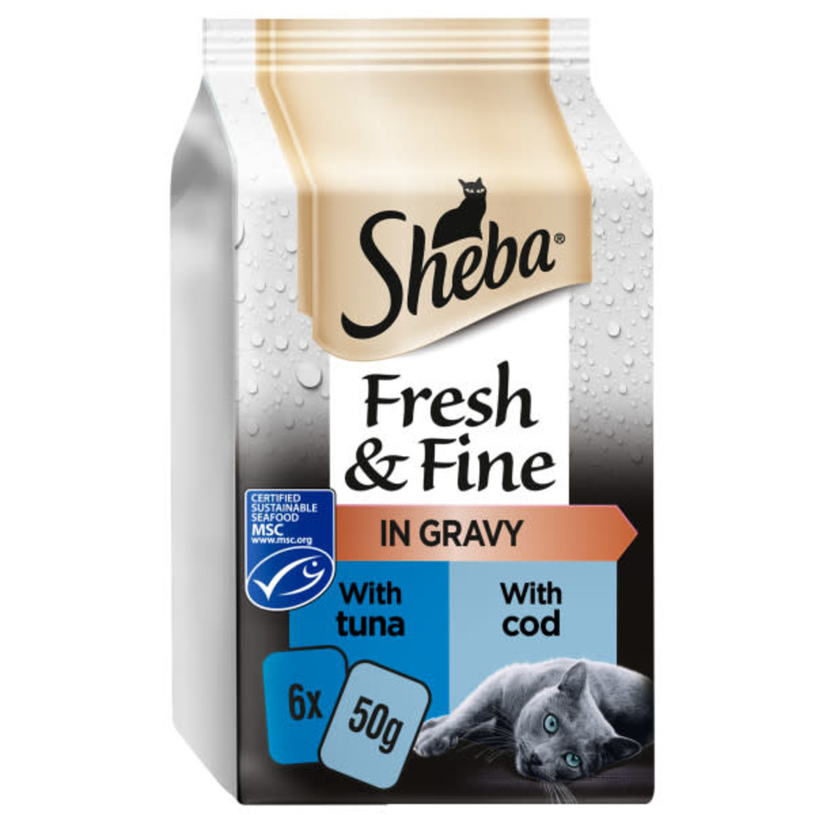 Sheba Fresh & Fine Wet Cat Food Pouches Tuna & Cod in Gravy, 6 x 50g