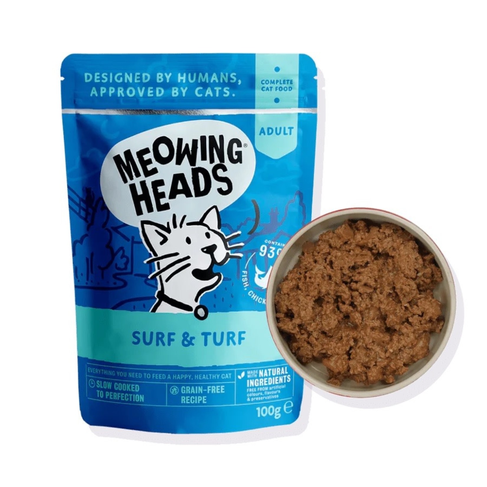 Meowing Heads Surf & Turf Fish, Chicken & Beef Adult Cat Wet Food, 10 x 100g