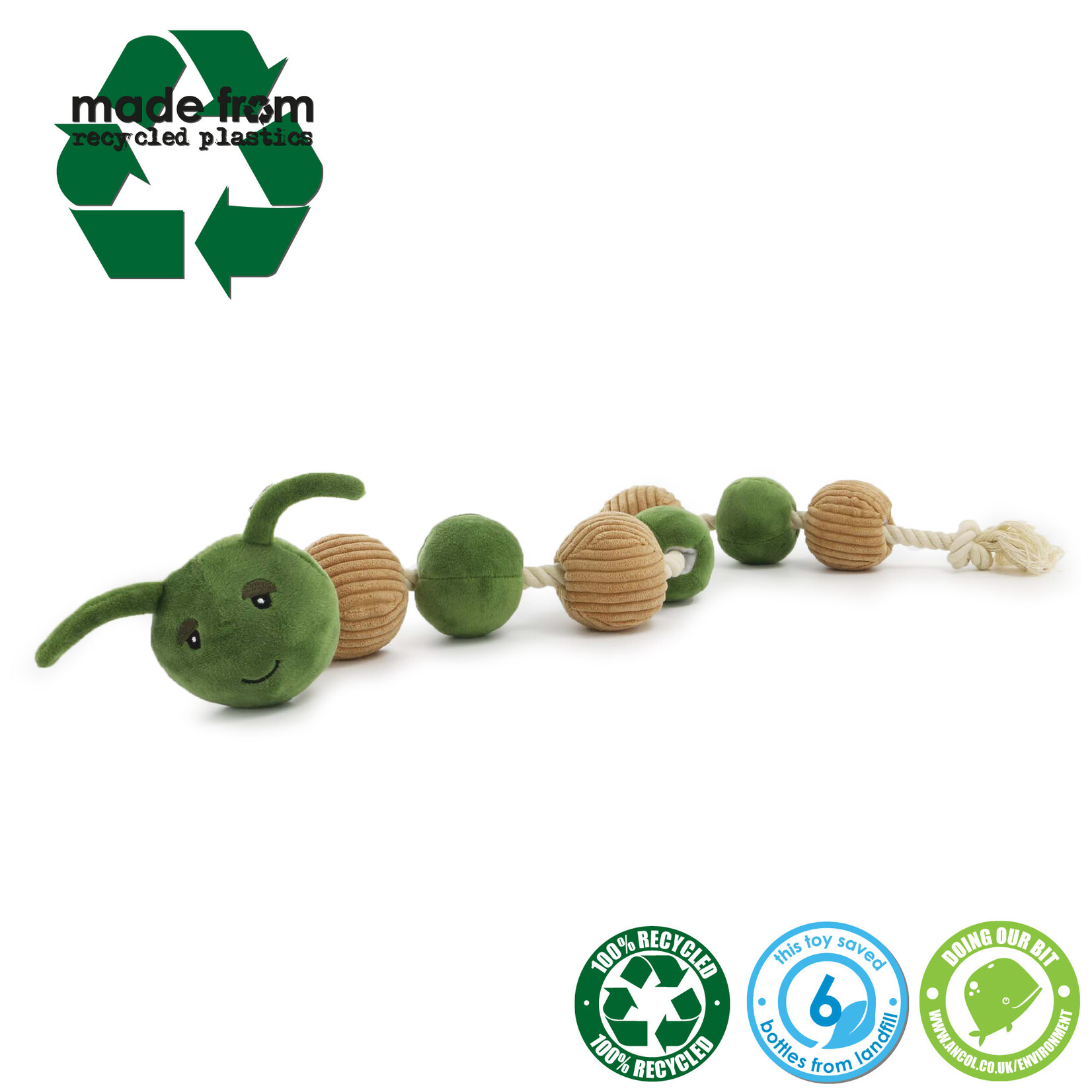 Ancol Recycled Eco-friendly Rope & Plush Dog Toy Caterpillar, 75cm