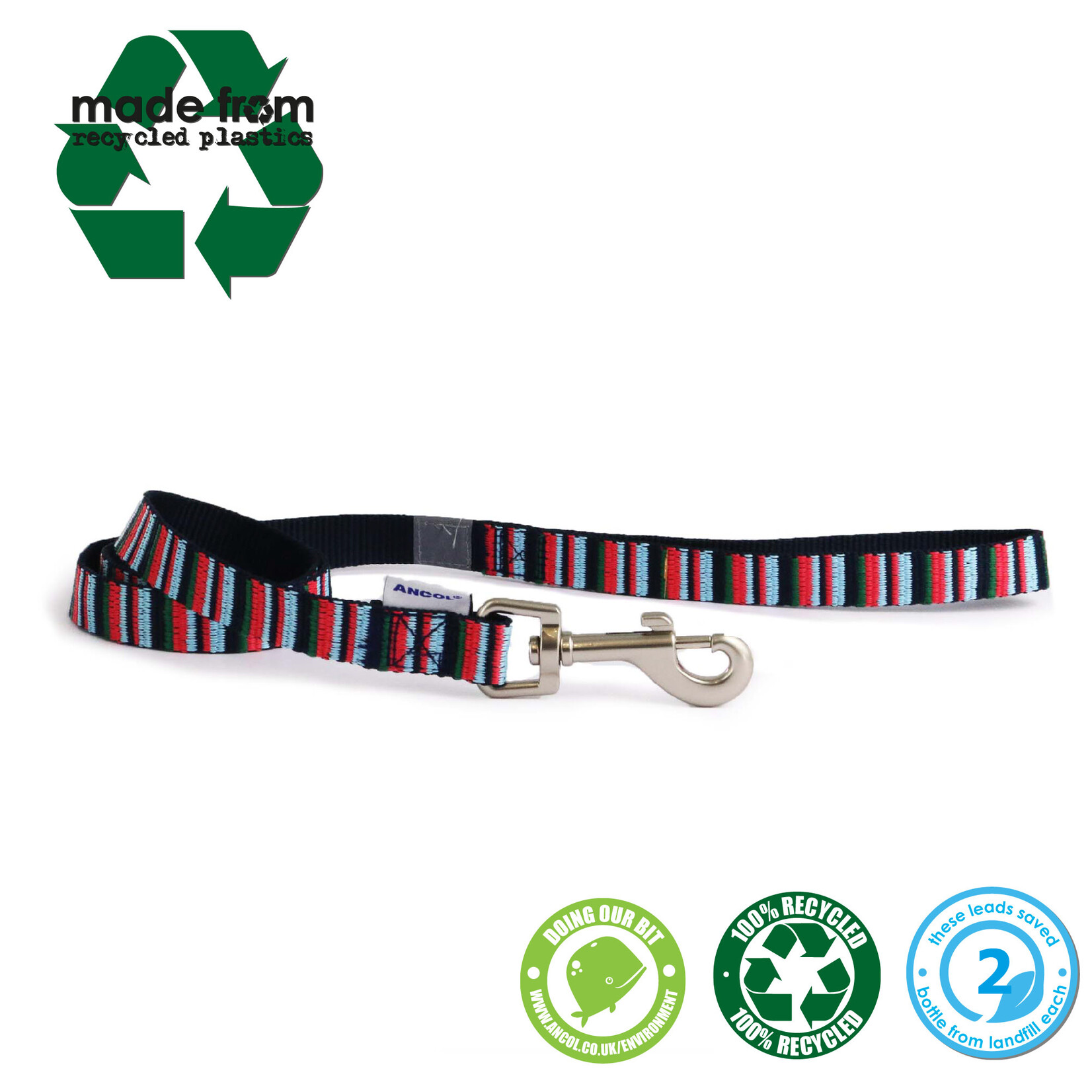 Ancol Dog Lead Made From Recycled Materials, Navy Candy Stripe, 100cm x 1.9cm