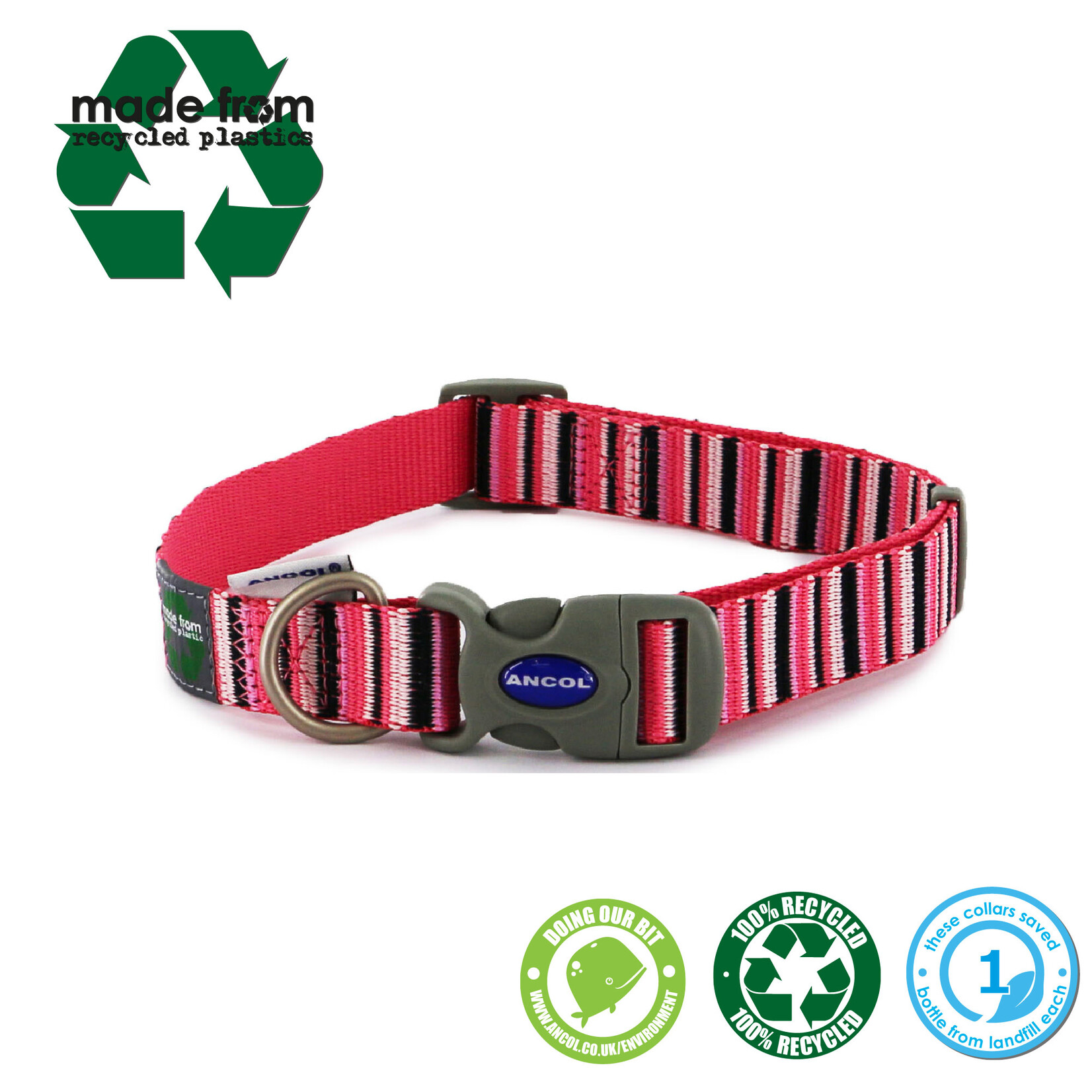 Ancol Adjustable Dog Collar Made From Recycled Materials, Hot Pink Candy