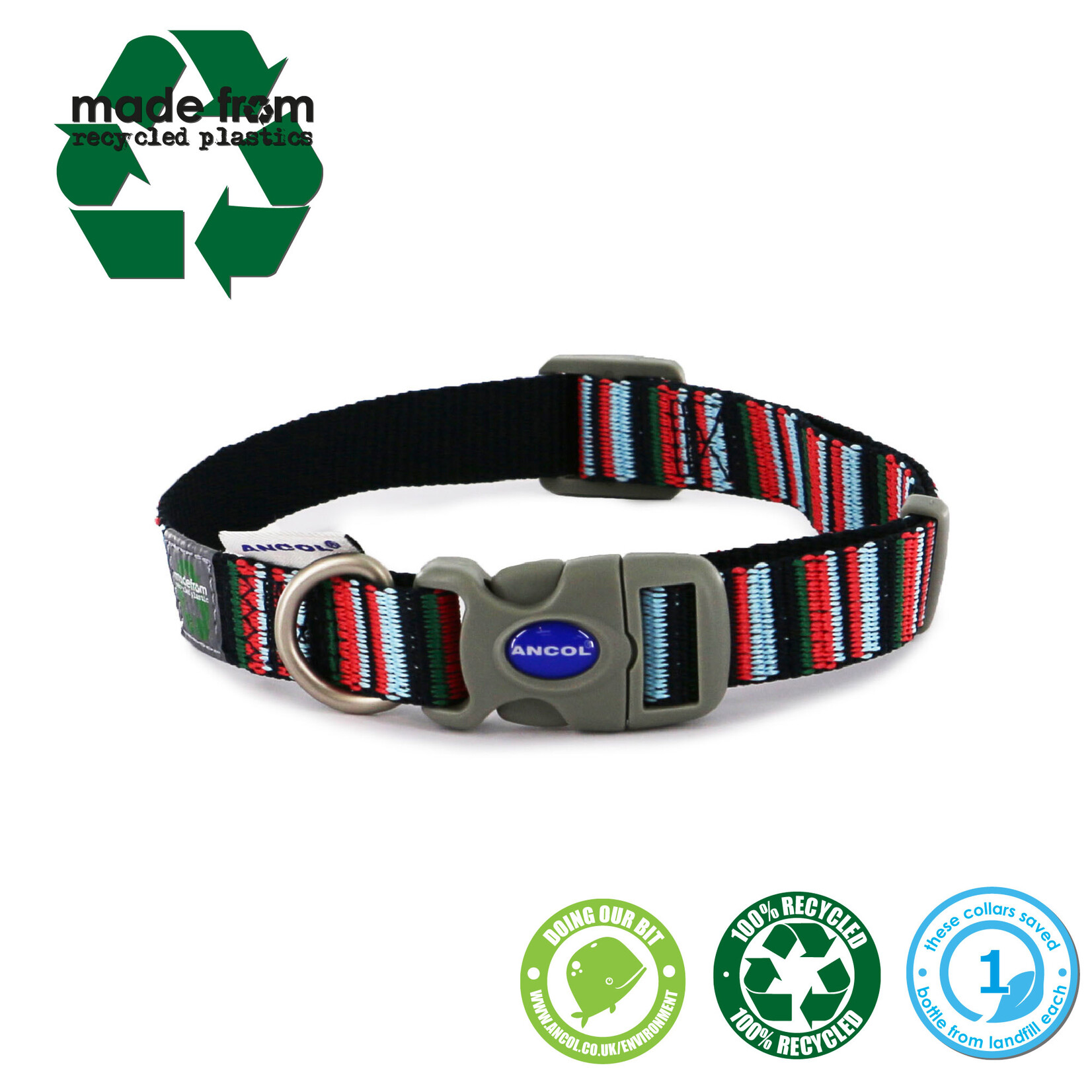 Ancol Adjustable Dog Collar Made From Recycled Materials, Navy Candy Stripe