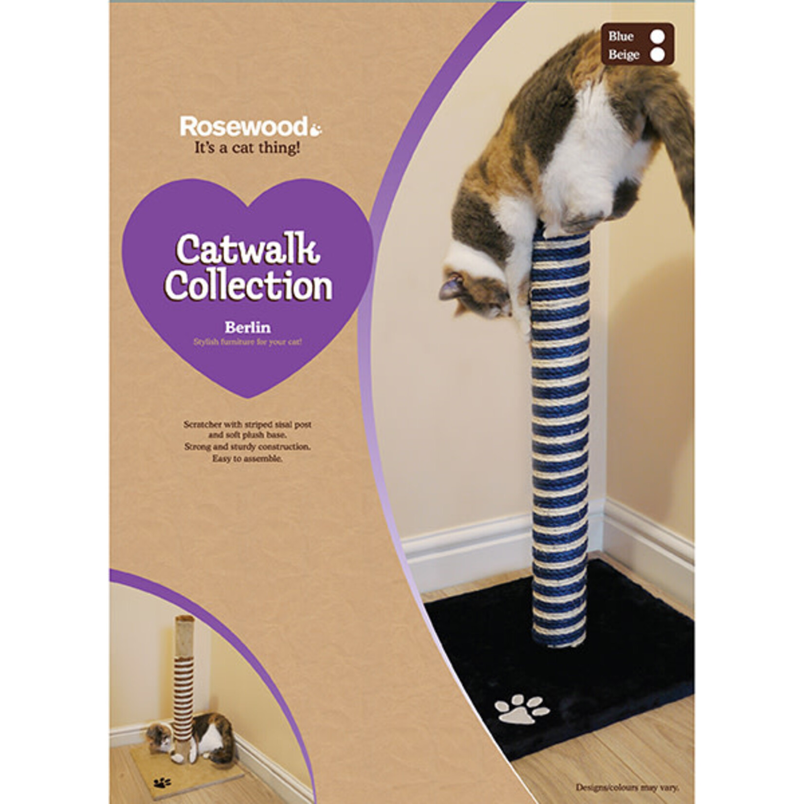 Rosewood Berlin Plush Blue/Beige Cat Scratching Post, 63cm