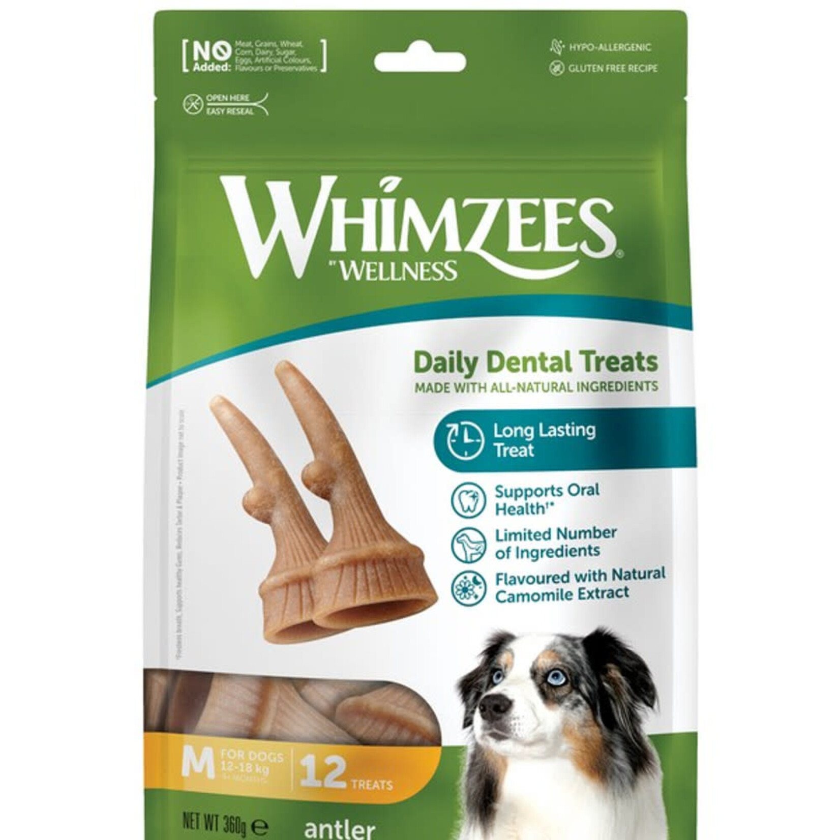 Whimzees Antler Natural Daily Dental Dog Medium Chew Treats, 12 pack
