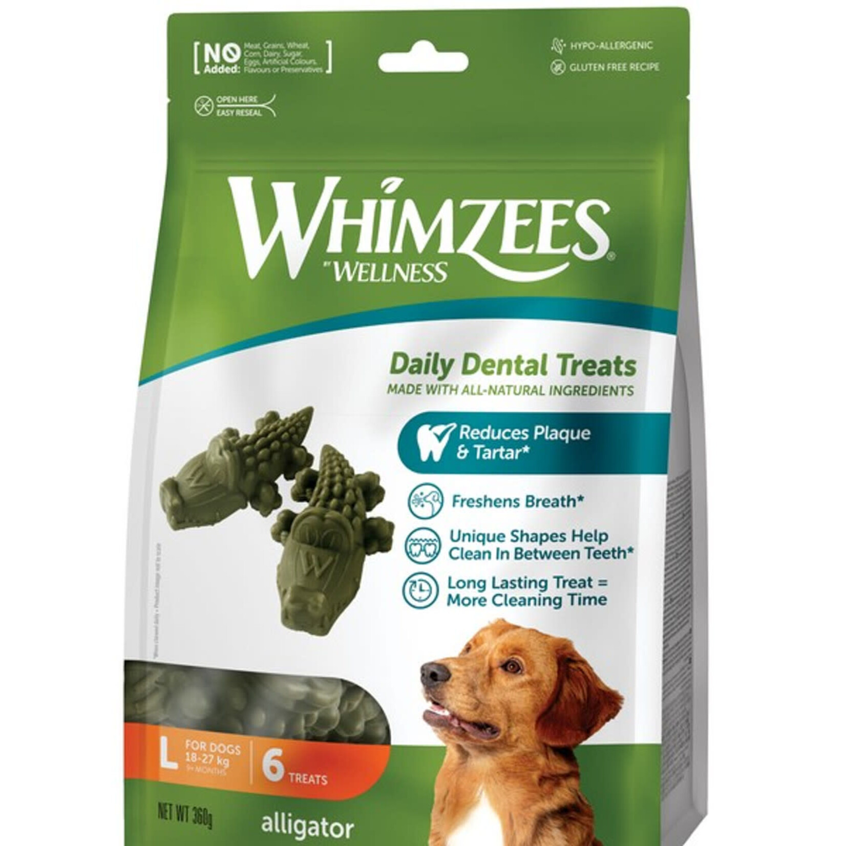 Whimzees Alligator Natural Daily Dental Dog Large Chew Treats, 6 pack
