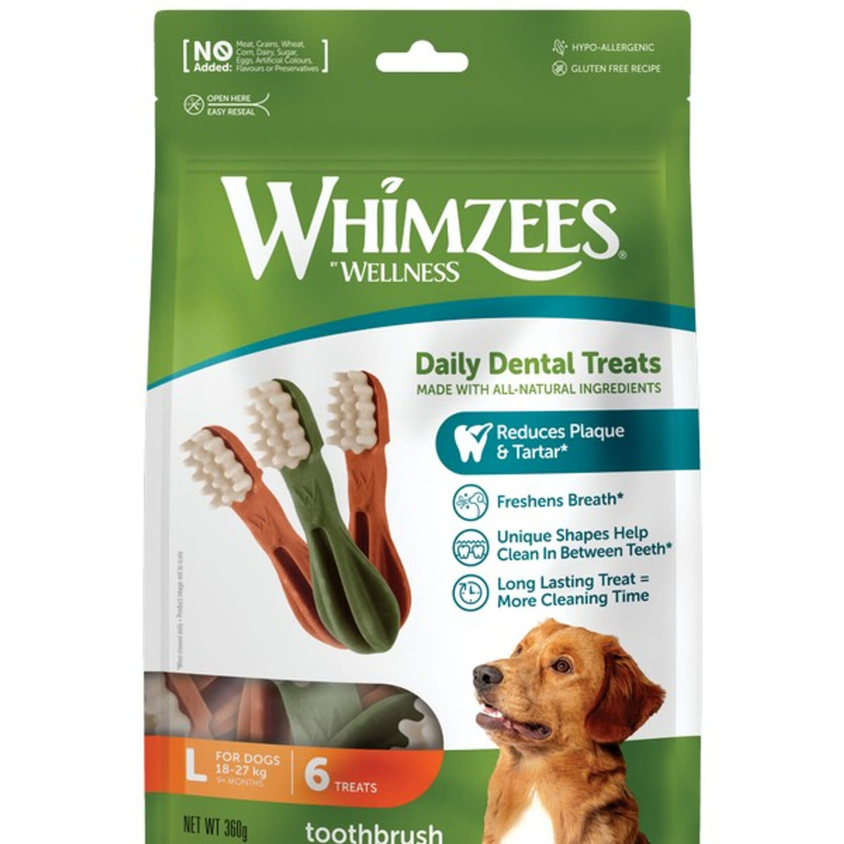 Whimzees Toothbrush Star Natural Daily Dental Dog Large Chew Treats, 6 pack