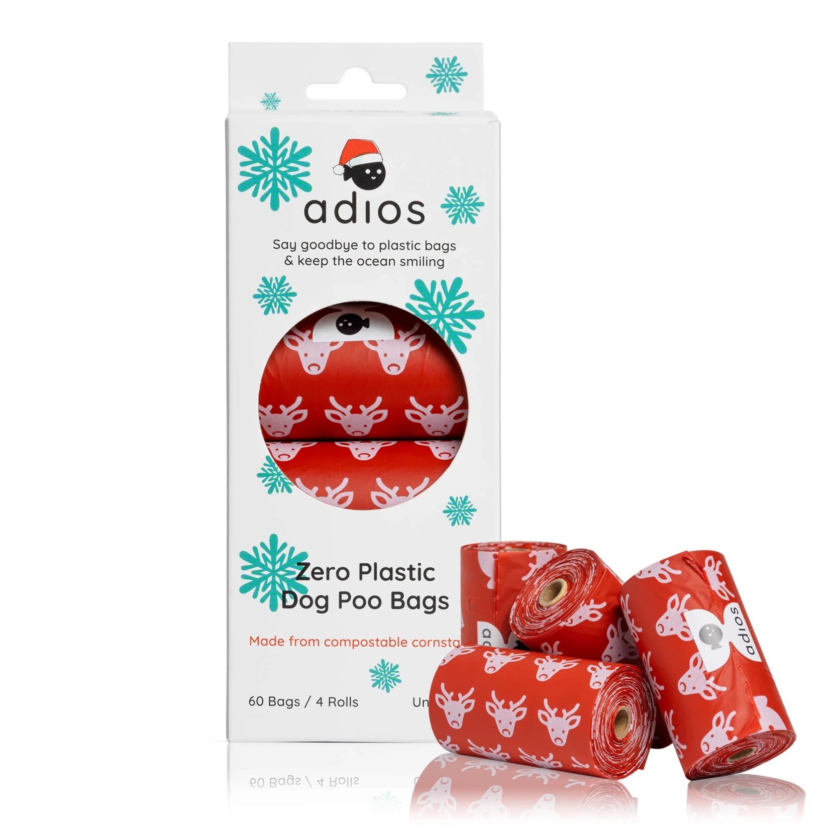 adios Compostable Dog Poo Bags, 4 rolls with No Handles, 60 bags