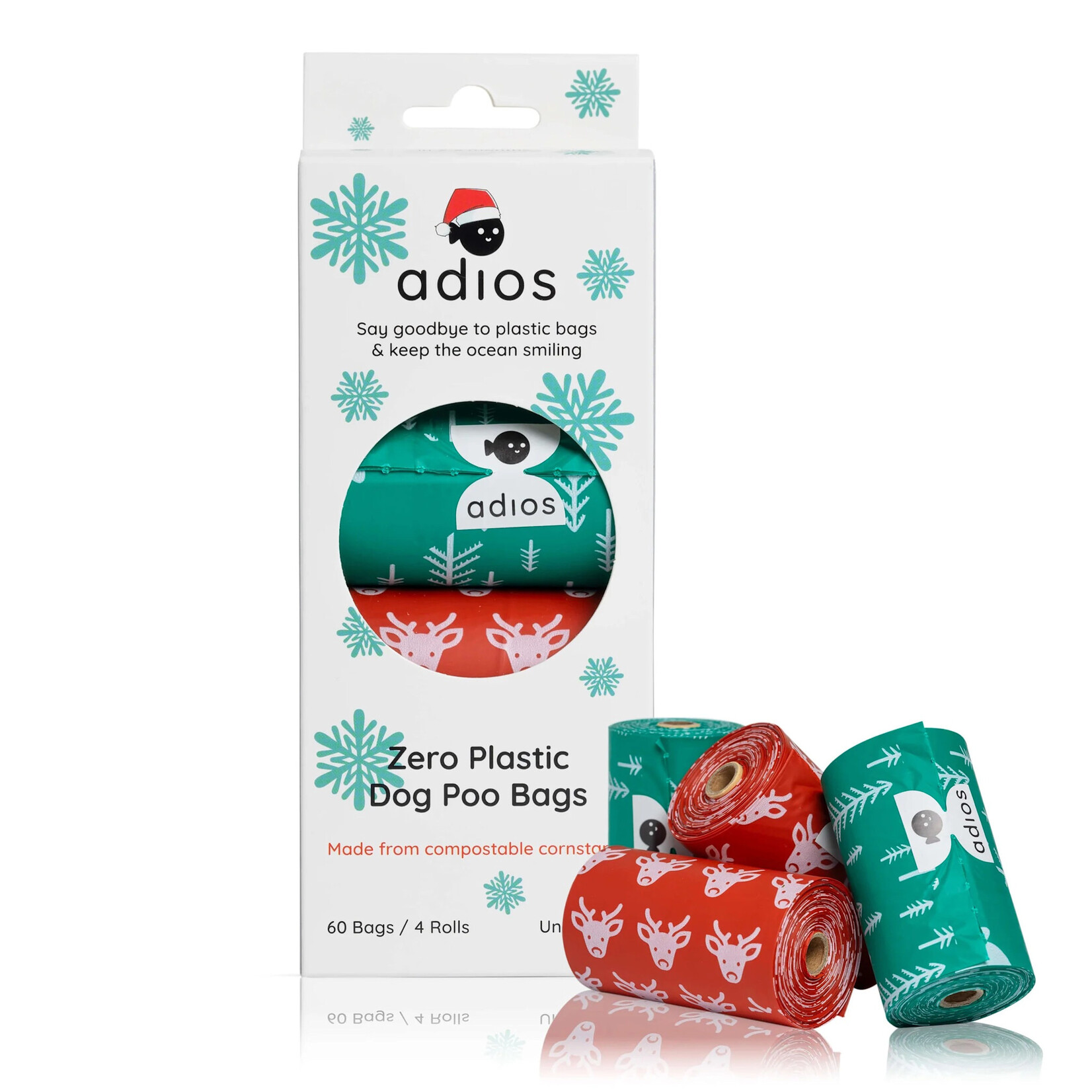 adios Compostable Dog Poo Bags, 4 rolls with No Handles, 60 bags