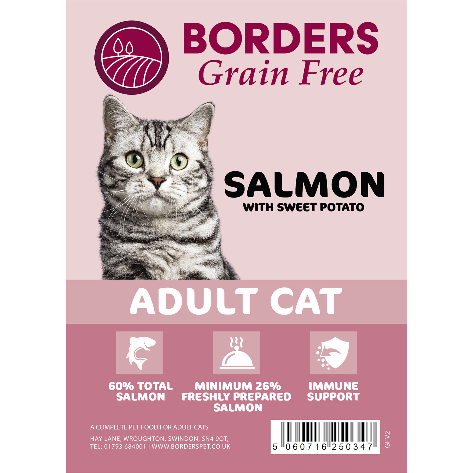 Borders Grain Free Adult Cat Dry Food with Freshly Prepared Salmon, 2kg
