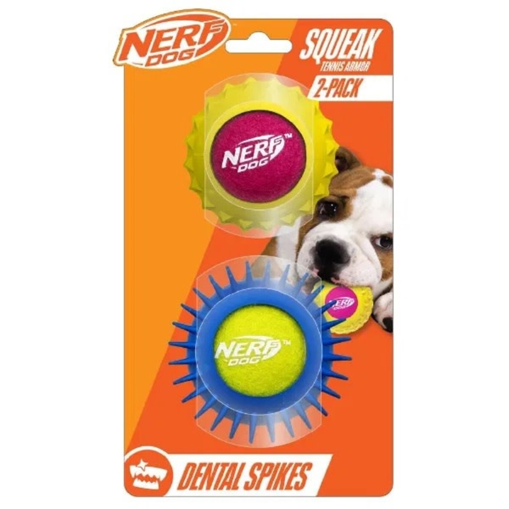 Nerf Rubber Squeak Tennis Armor Dental Spikes Dog Toy, 6cm 2 pack