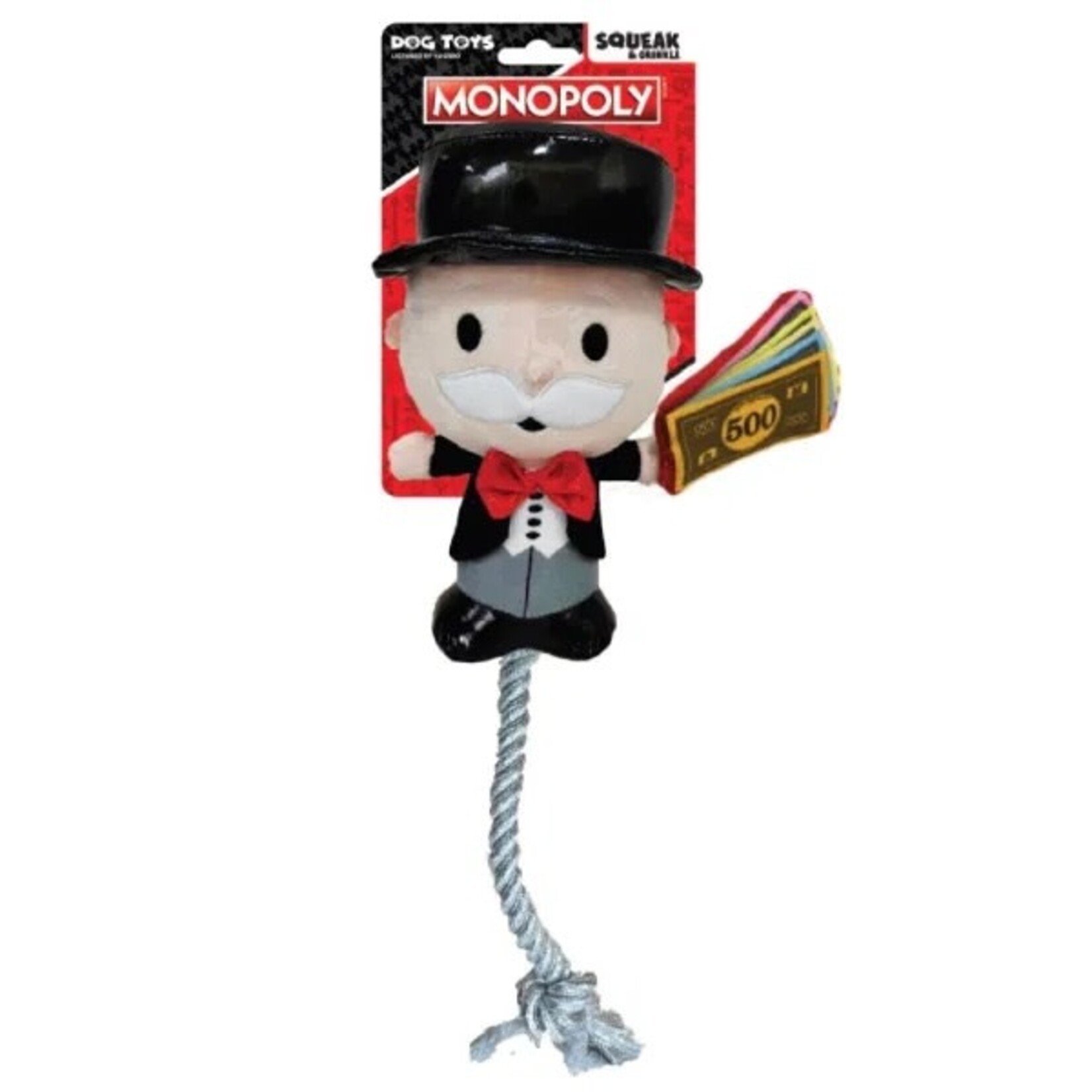 Hasbro Monopoly Mr. Moneybags Squeak & Crinkle Plush with Rope Tug Dog Toy, 20cm