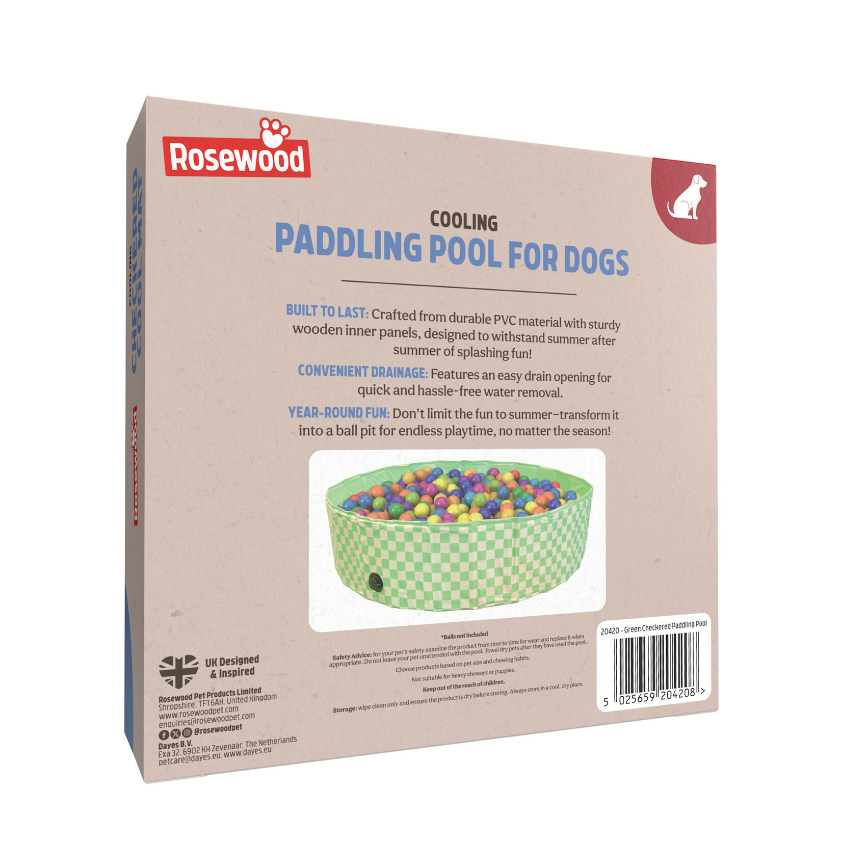 Rosewood Green Checkered Dog Paddling Pool, Medium 120cm