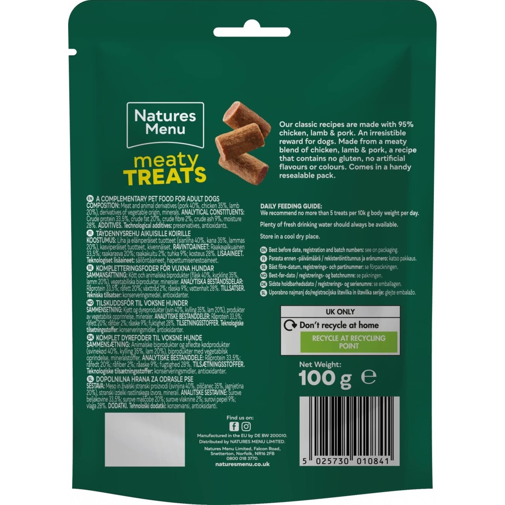 Natures Menu Adult Dog Meaty Treats Lamb, Chicken & Pork, 100g