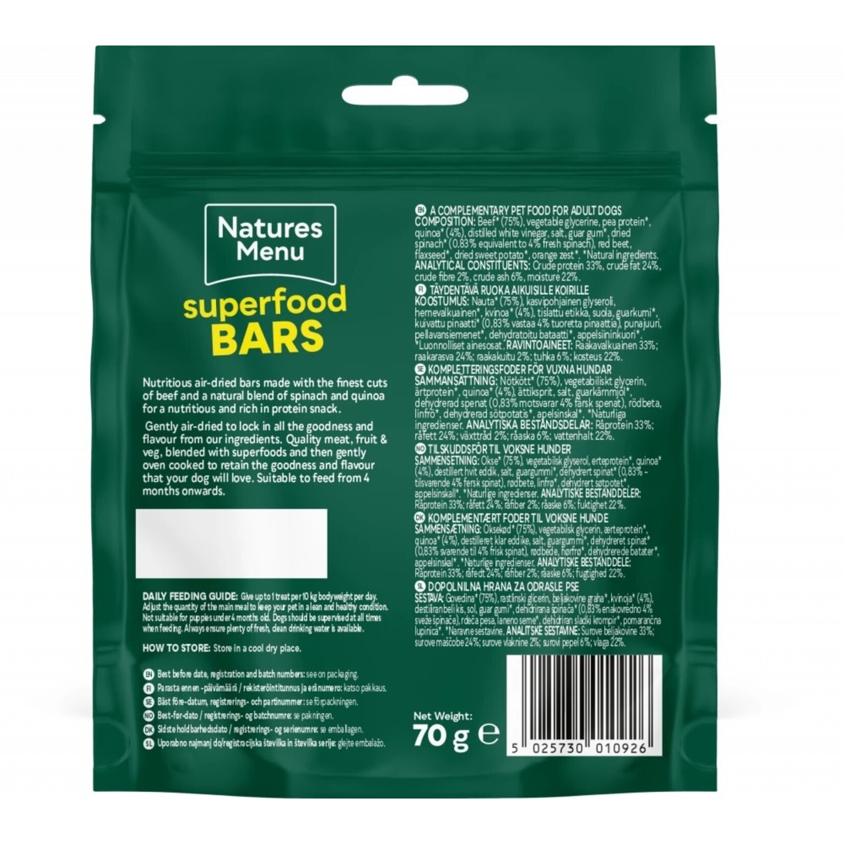 Natures Menu Superfood Bars Dog Treats Beef with Spinach & Quinoa, 70g