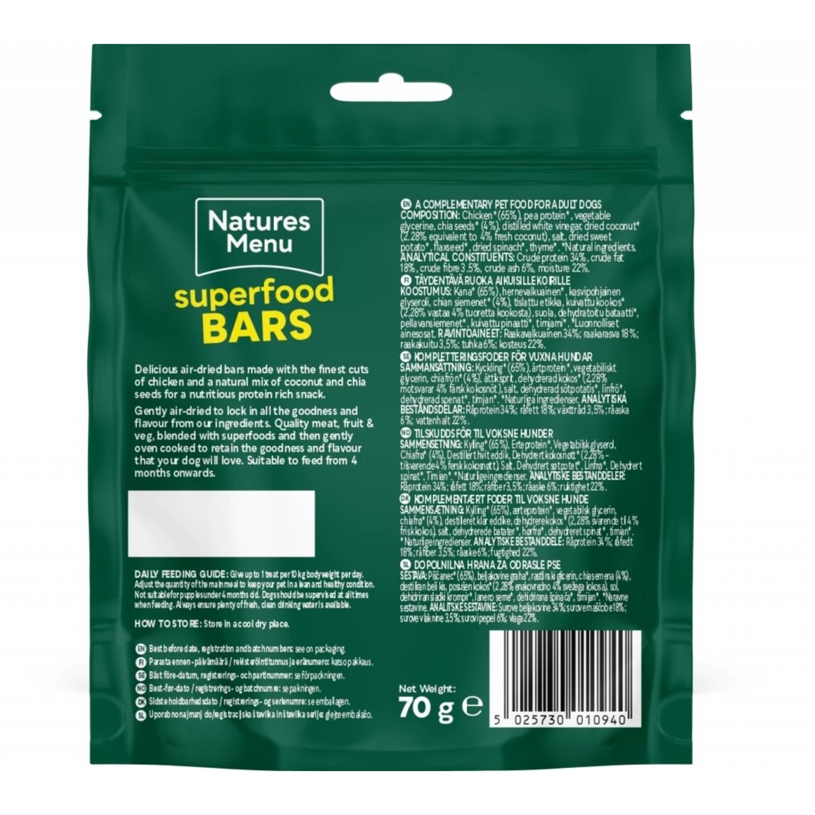 Natures Menu Superfood Bars Dog Treats Chicken with Coconut & Chia Seeds, 70g