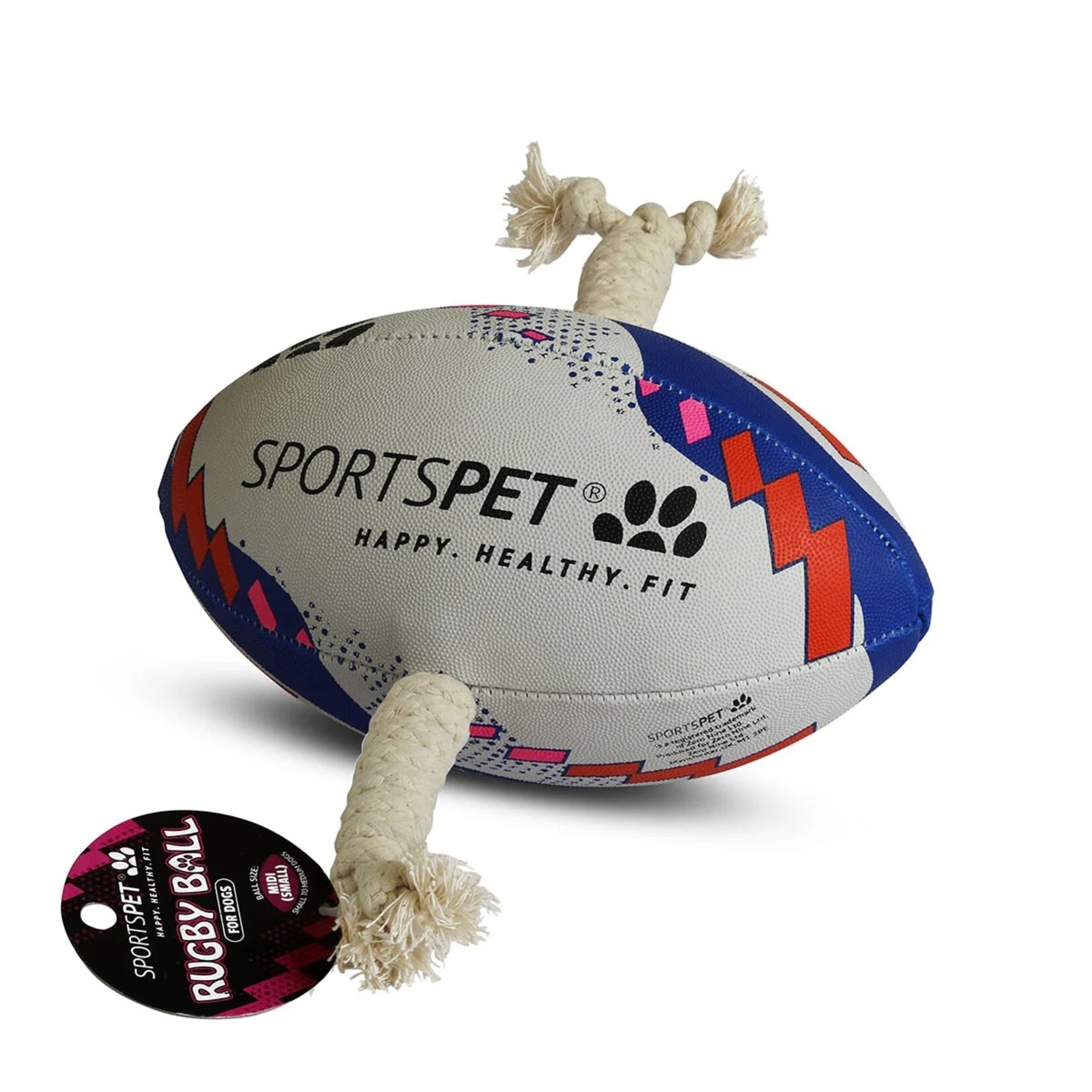 Sportspet Rugby Ball with Cotton Rope Grips Dog Toy, White & Red