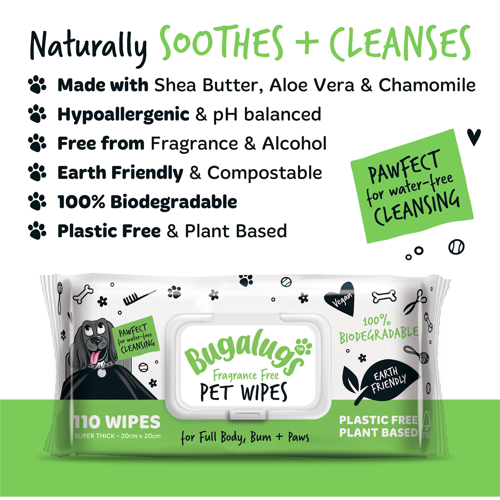 Bugalugs Fragrance Free Pet Wipes for Full Body, Bum & Paws, 110 wipes