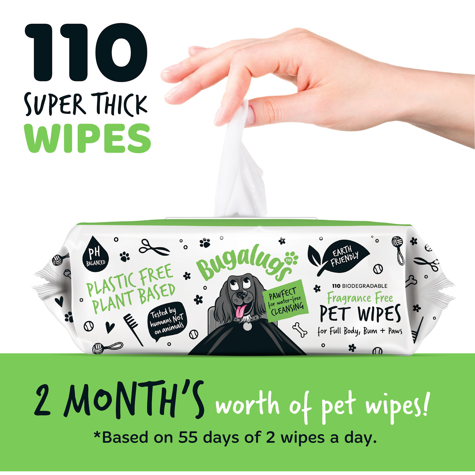 Bugalugs Fragrance Free Pet Wipes for Full Body, Bum & Paws, 110 wipes