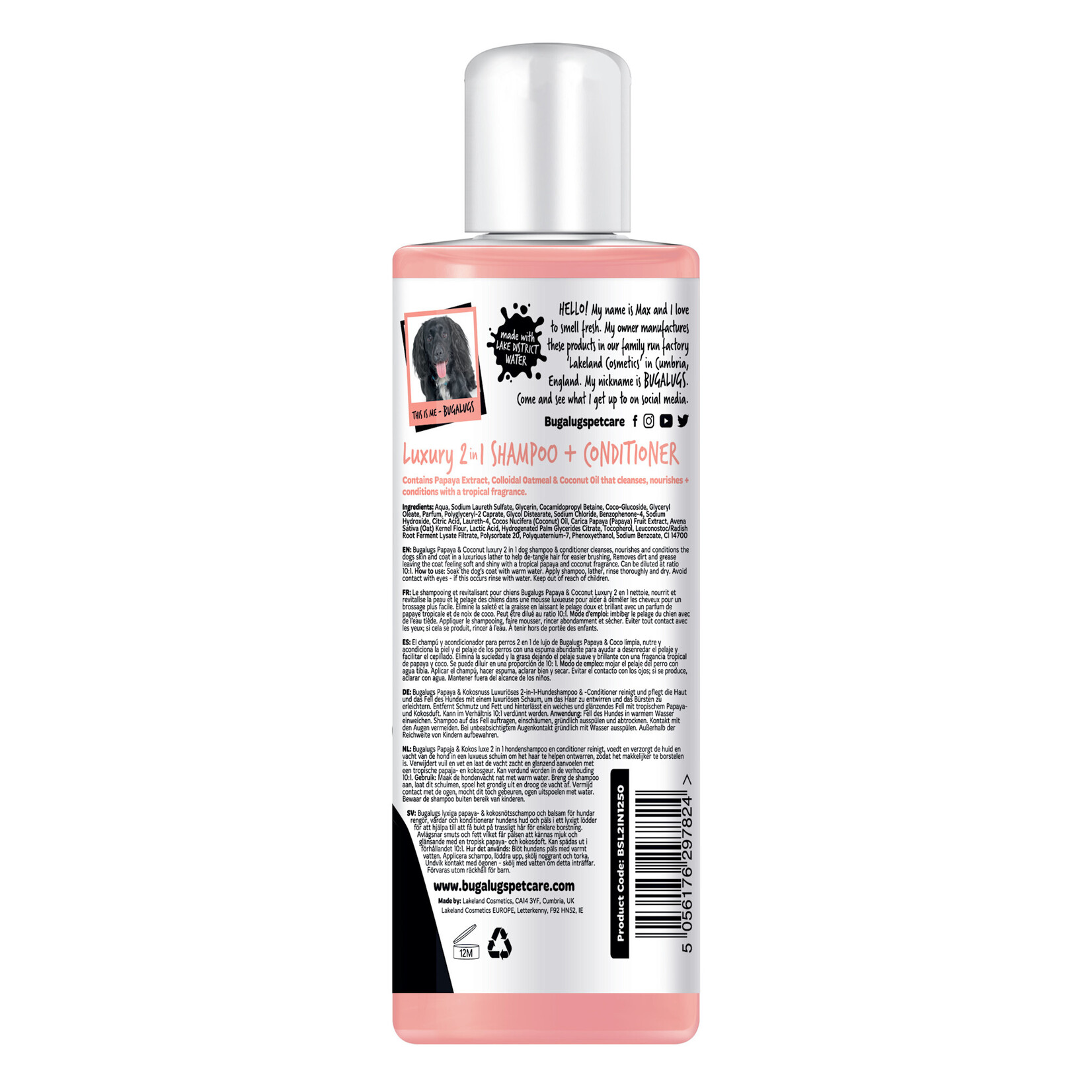 Bugalugs Luxury 2 in 1 Dog Shampoo & Conditioner with Papaya & Coconut, 250ml