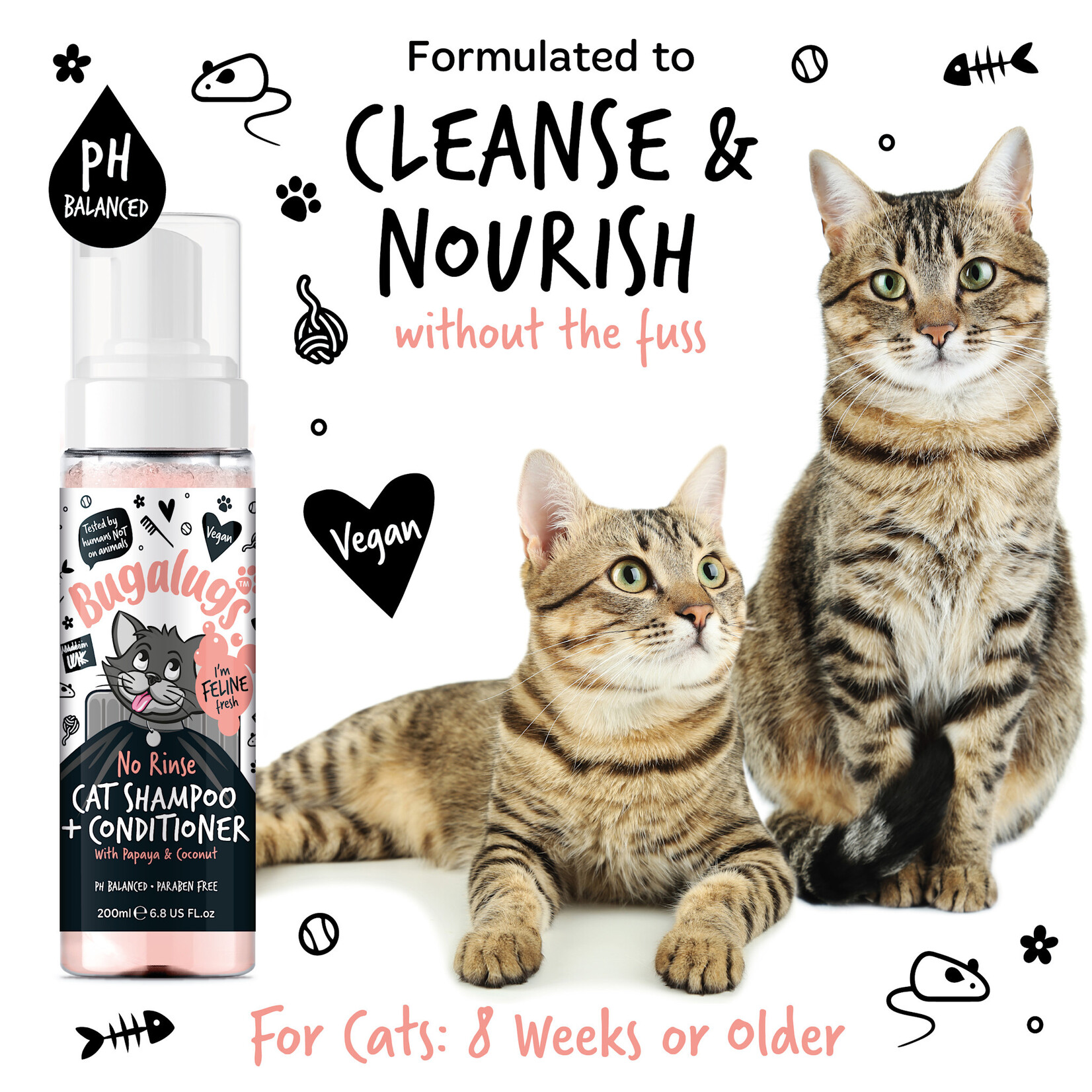 Bugalugs No Rinse Cat Shampoo & Conditioner with Papaya & Coconut, 200ml