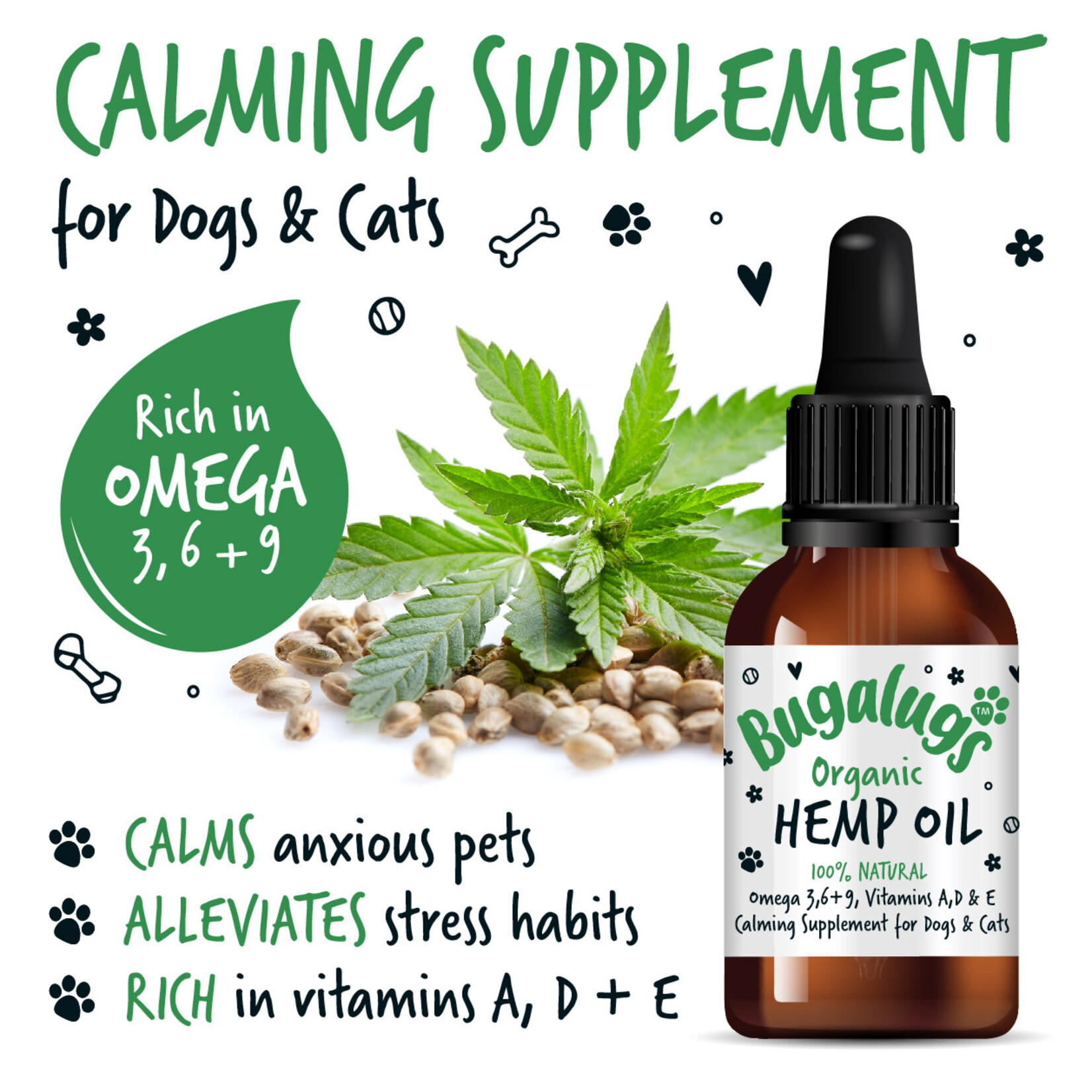 Bugalugs Organic Hemp Oil 100% Natural Calming Supplement for Dogs & Cats, 50ml