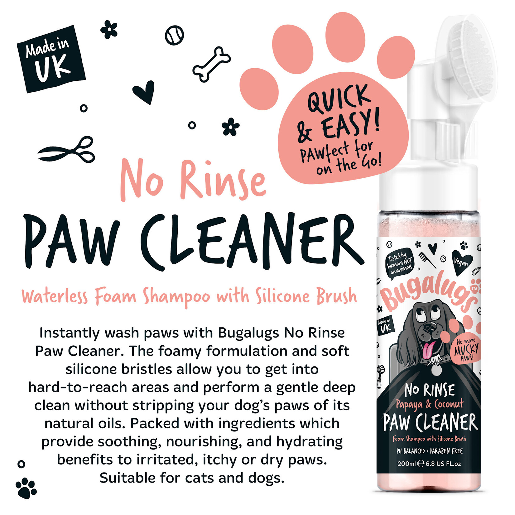Bugalugs Papaya & Coconut No Rinse Paw Cleaner for Dogs & Cats, 200ml