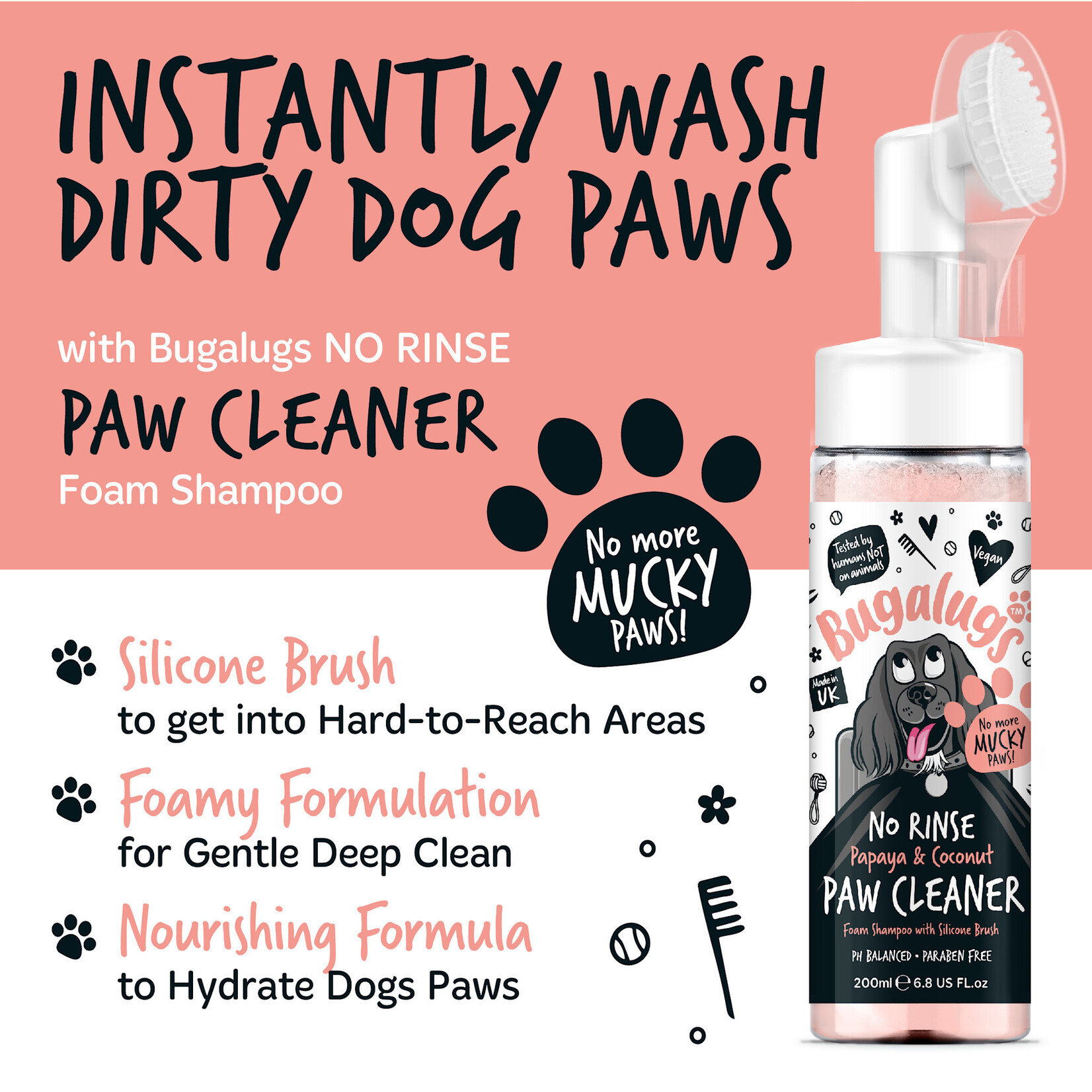 Bugalugs Papaya & Coconut No Rinse Paw Cleaner for Dogs & Cats, 200ml
