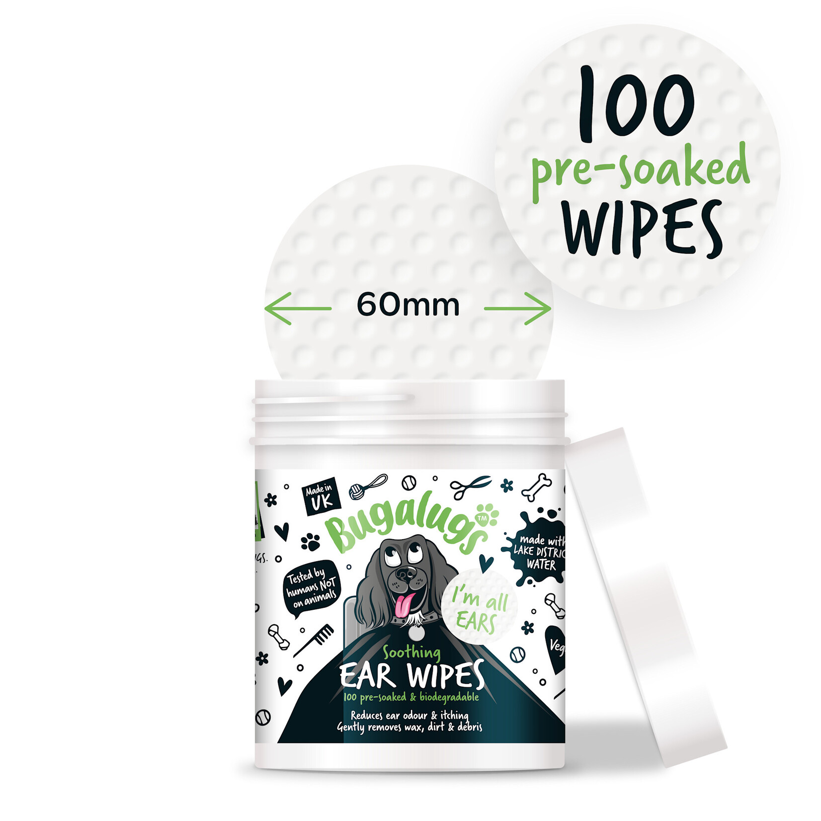 Bugalugs Soothing Ear Wipes for Dogs 100 Pre-soaked & Biodegradable Wipes