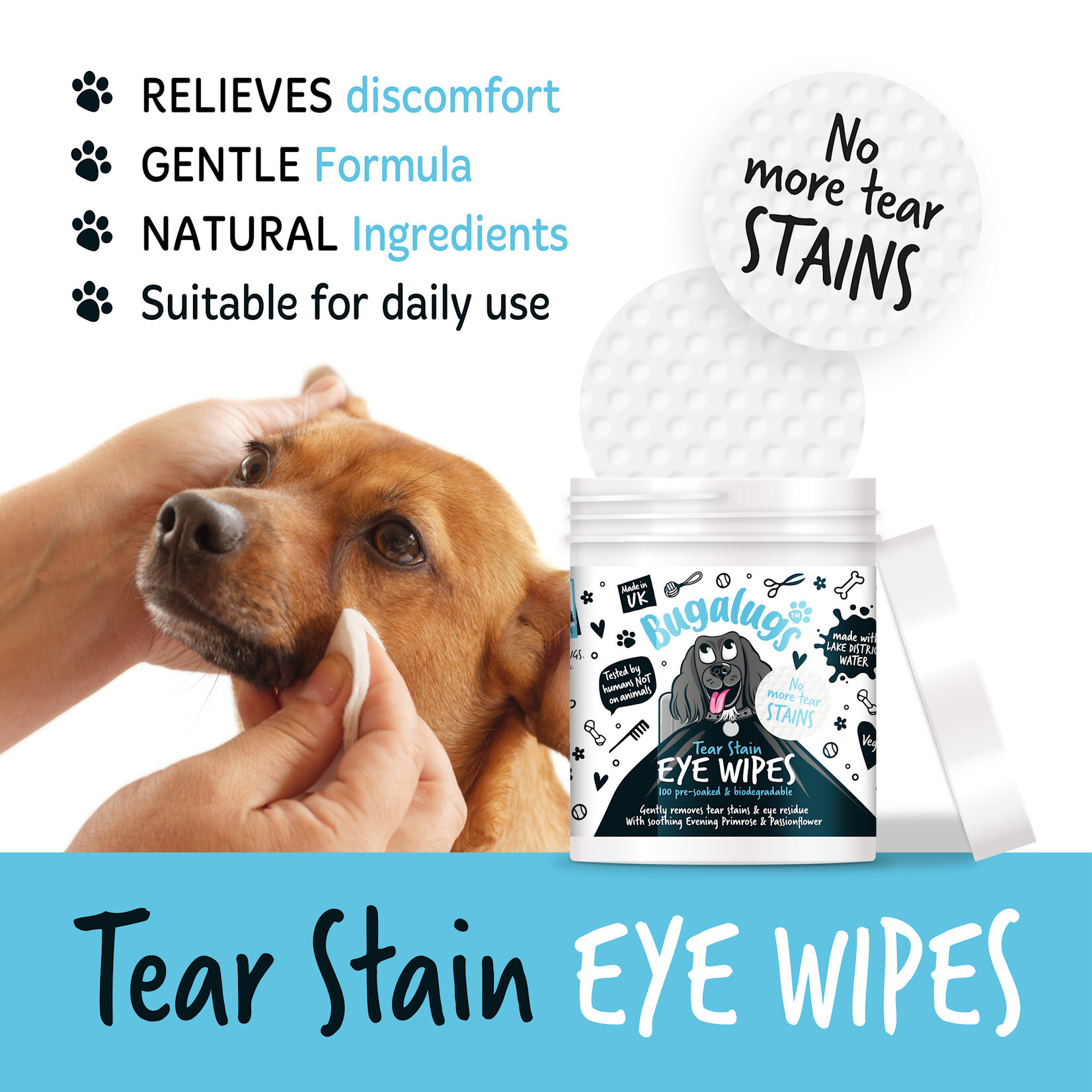 Bugalugs Tear Stain Eye Wipes for Dogs and Cats 100 Pre-soaked & Biodegradable Wipes