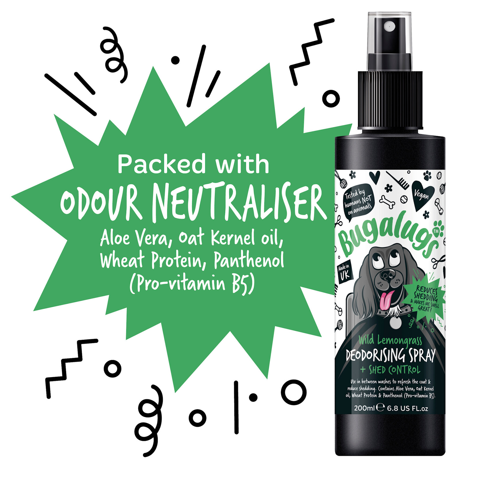 Bugalugs Wild Lemongrass Dog Deodorising Spray with Shed Control, 200ml