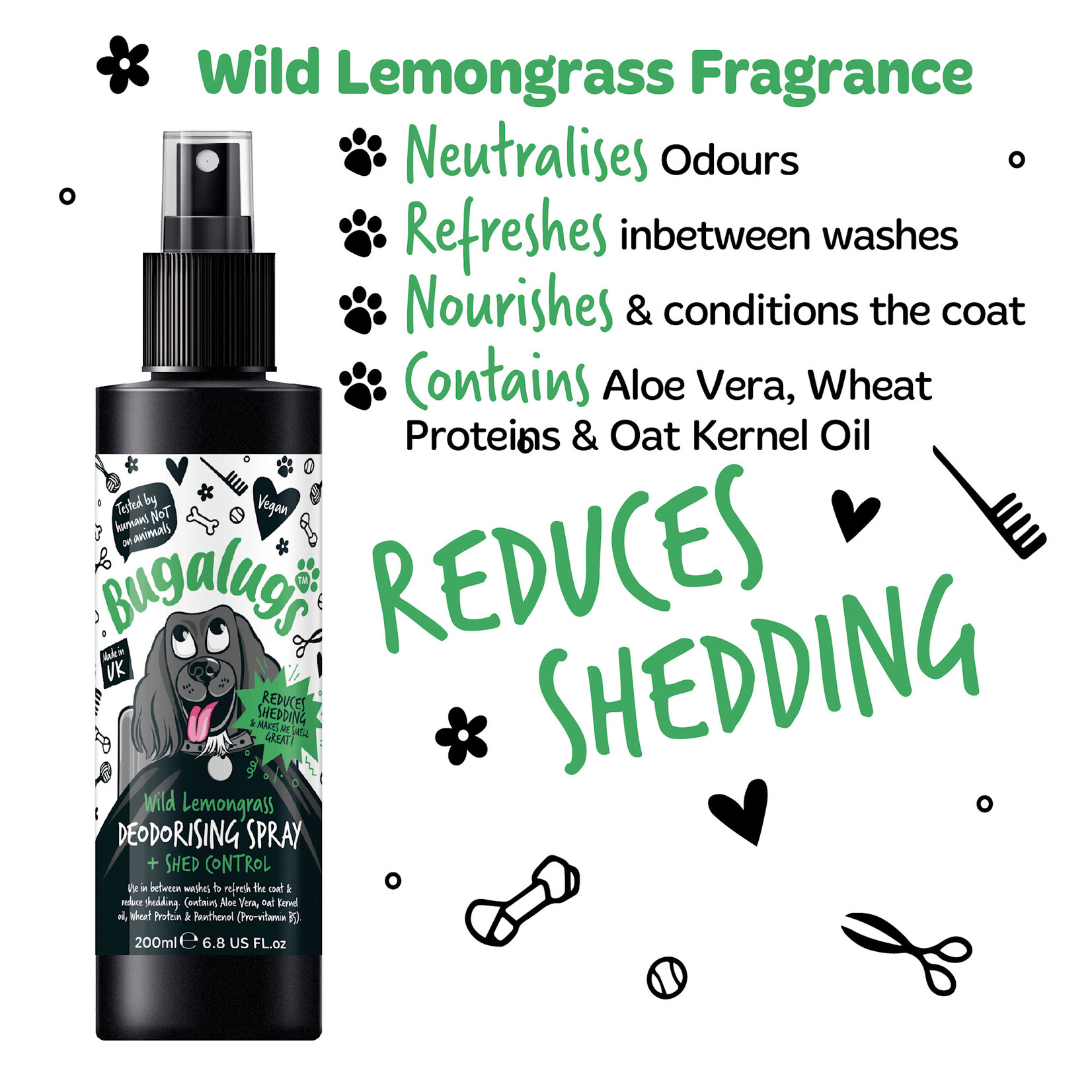 Bugalugs Wild Lemongrass Dog Deodorising Spray with Shed Control, 200ml