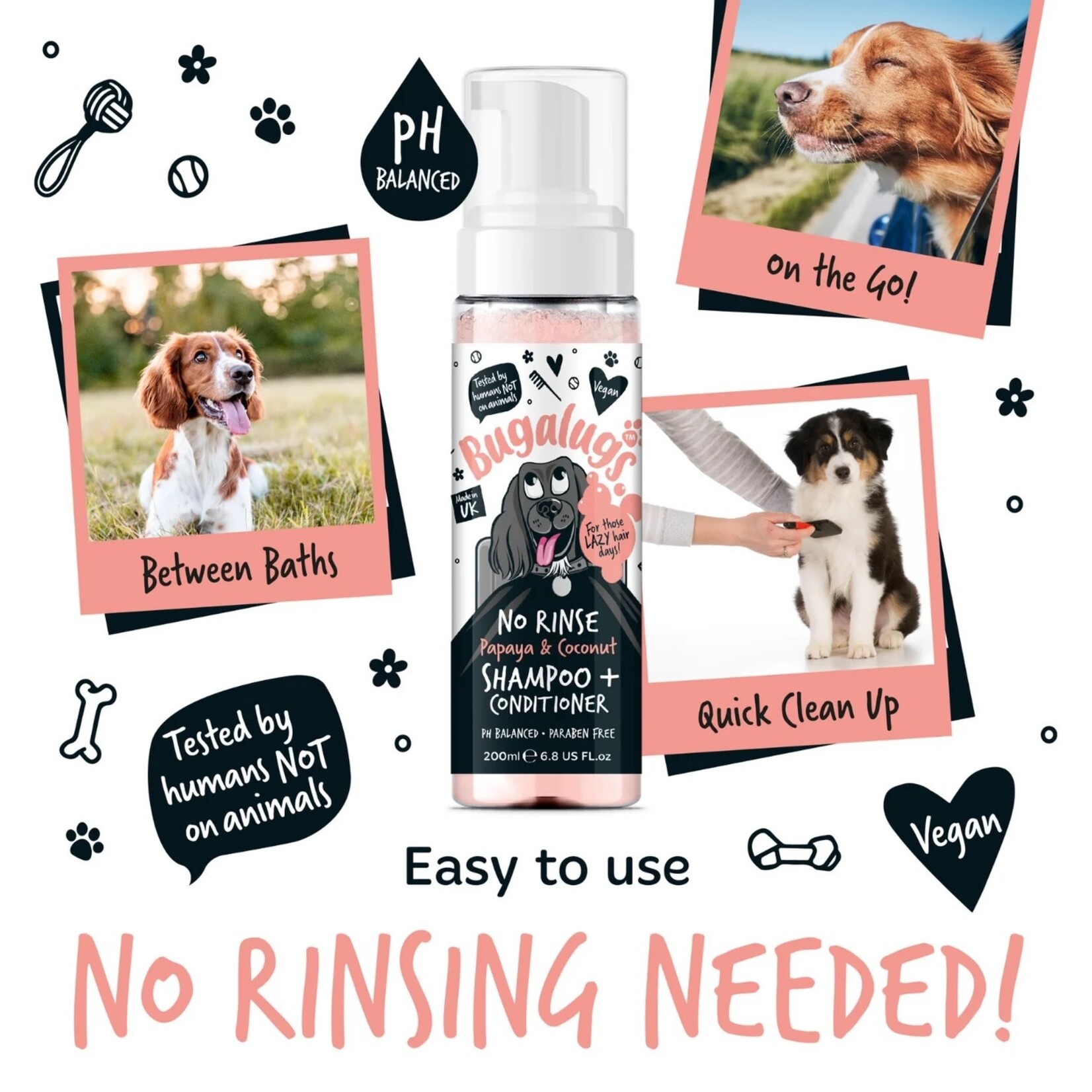 Bugalugs No Rinse Papaya & Coconut Dog Shampoo & Conditioner, 200ml
