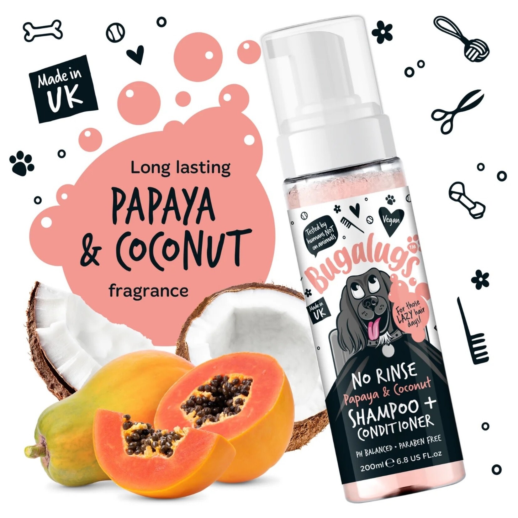 Bugalugs No Rinse Papaya & Coconut Dog Shampoo & Conditioner, 200ml