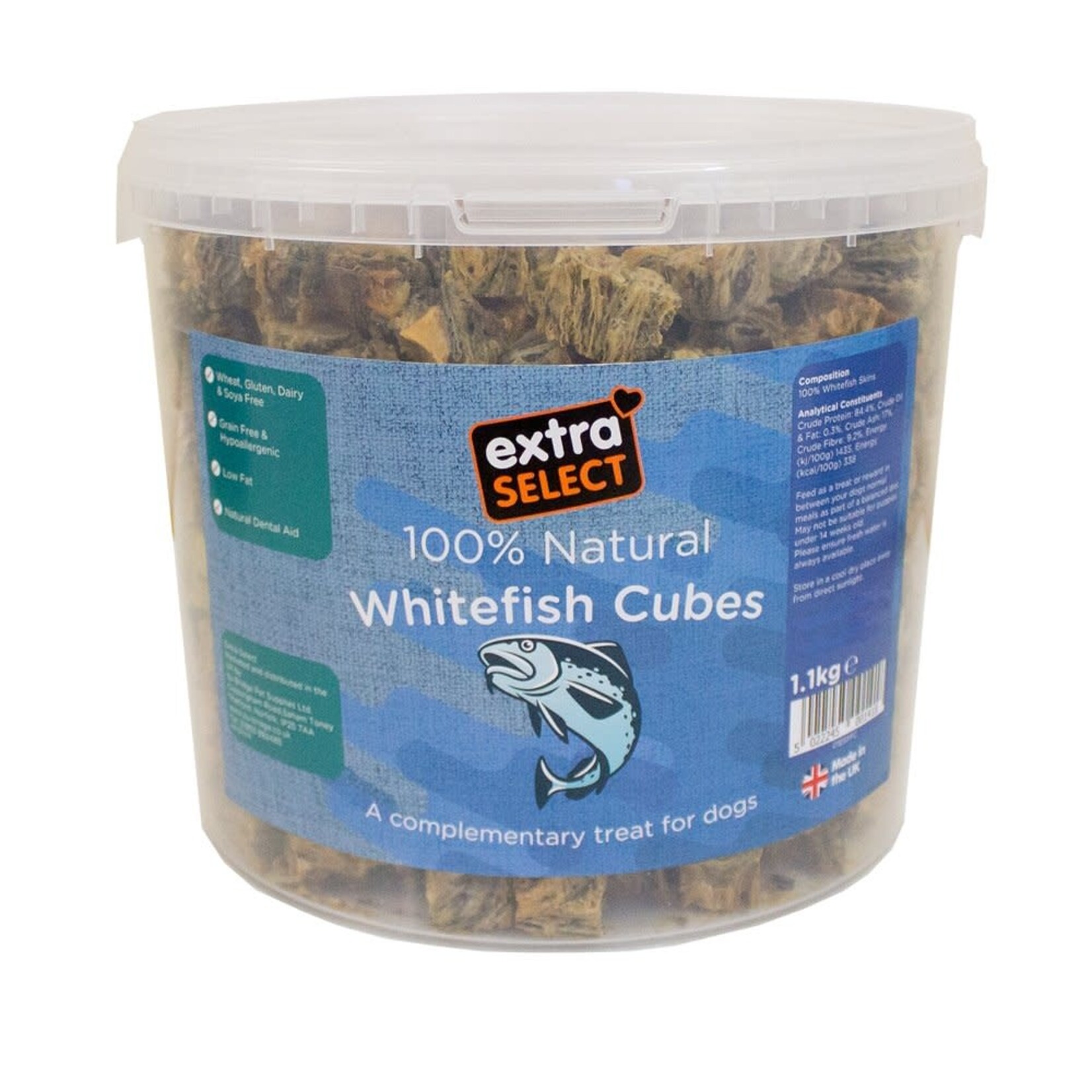 Extra Select Premium Whitefish Cubes Dog Treats Bucket 1.1kg