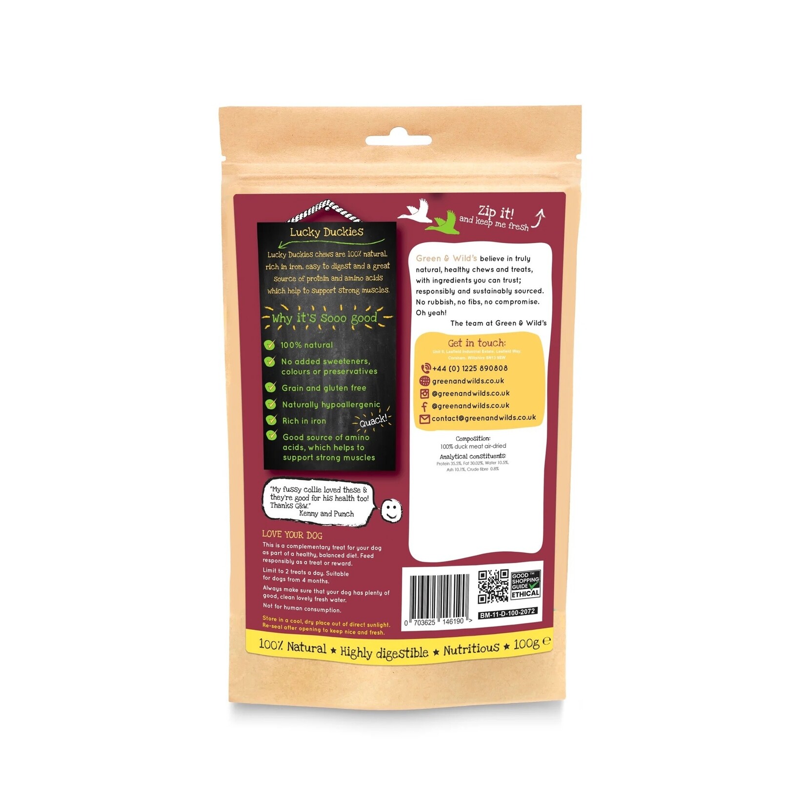 Green and Wild's Lucky Duckies 100% Natural Duck Dog Treats, 100g