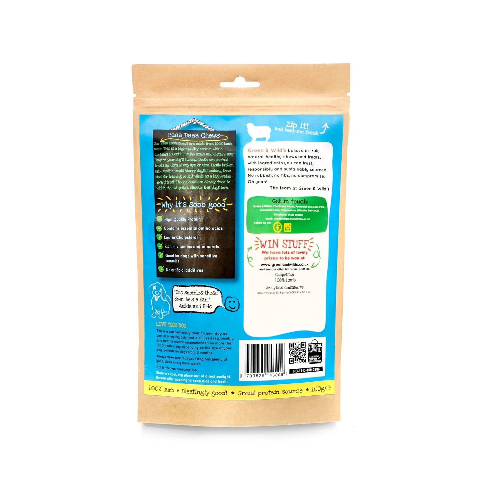 Green and Wild's Baaa Baaa 100% Lamb Dog Chews, 100g