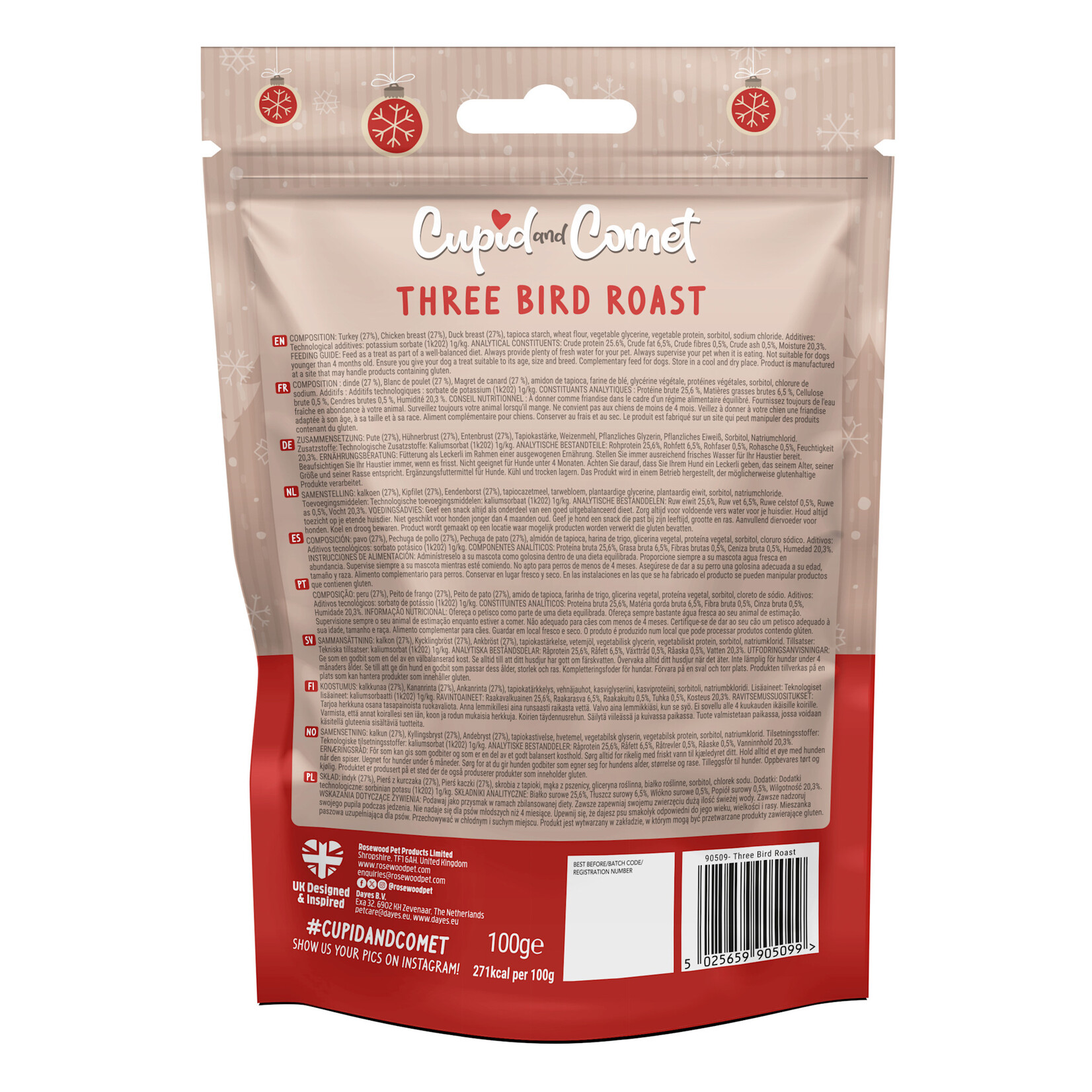 Rosewood Christmas Three Bird Roast Strips Dog Treats, 100g