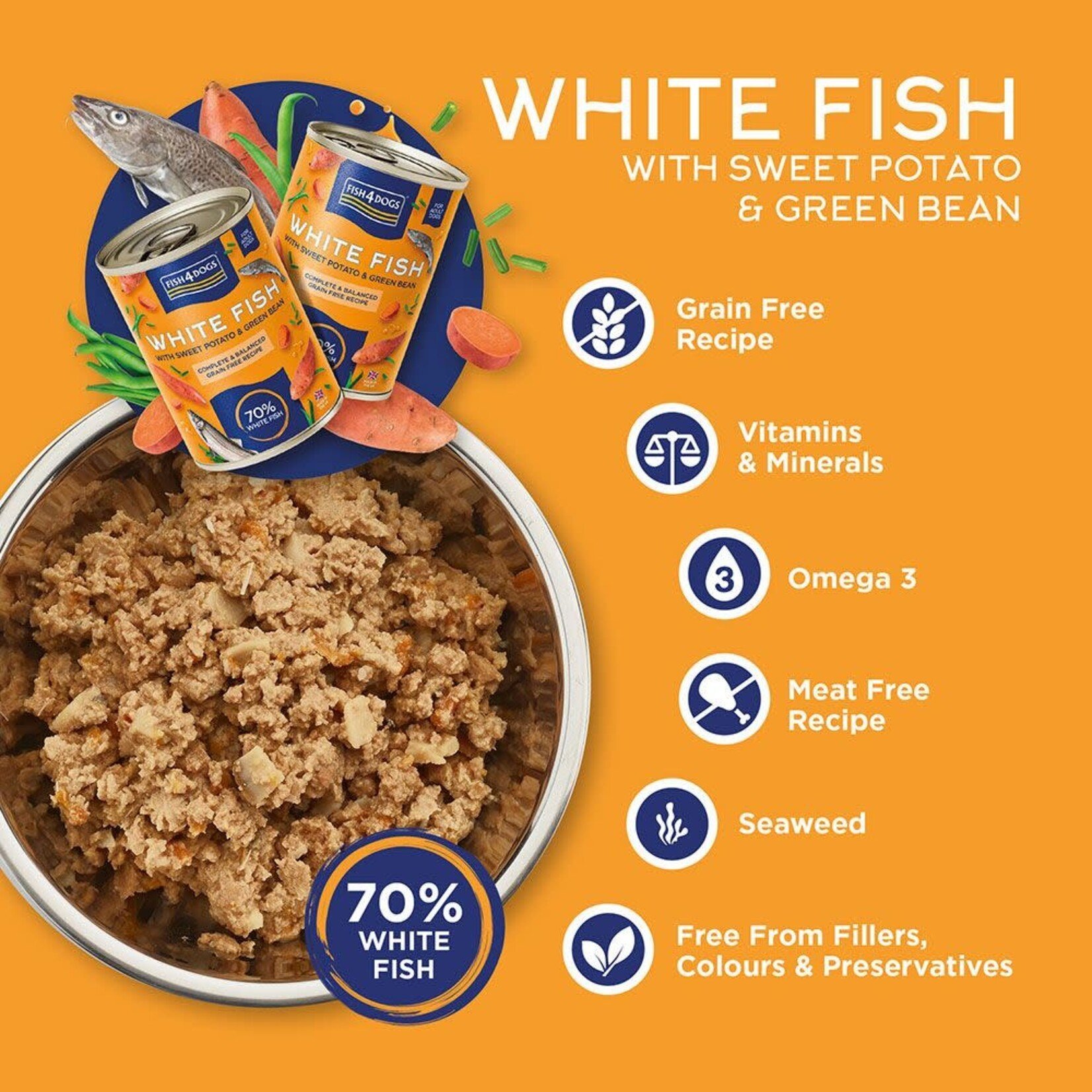 Fish4Dogs Finest White Fish with Sweet Potato & Green Beans Wet Dog Food, 6 x 395g